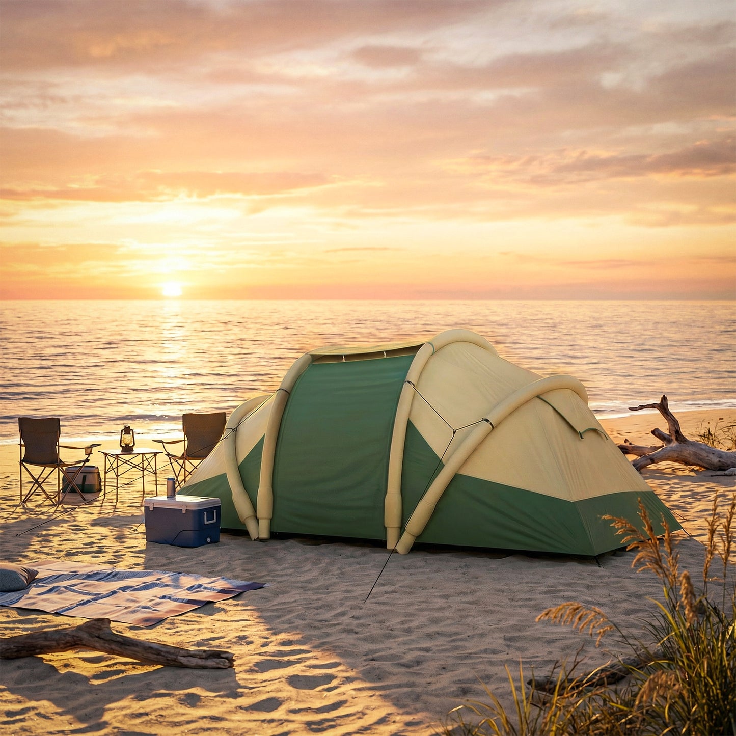 Outsunny Inflatable Tent 2 Bedroom Tunnel Design Windproof Air Tent with Carry Bag for 4 Person