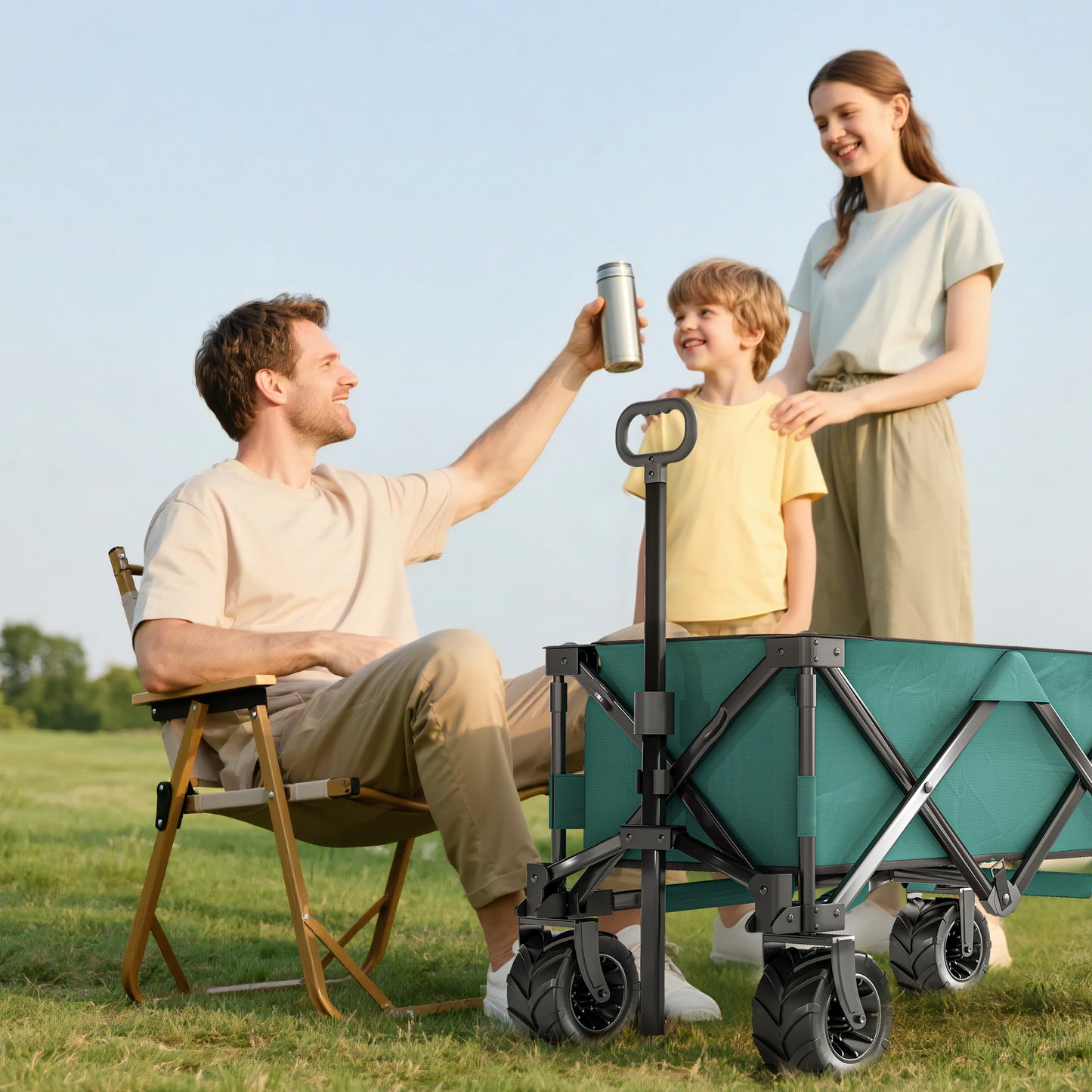 Outsunny 140L Festival Trolley on Wheels, Folding Camping Trolley Cart with Telescopic Handle, Big Wheels for Outdoor Garden Beach Fishing, Green