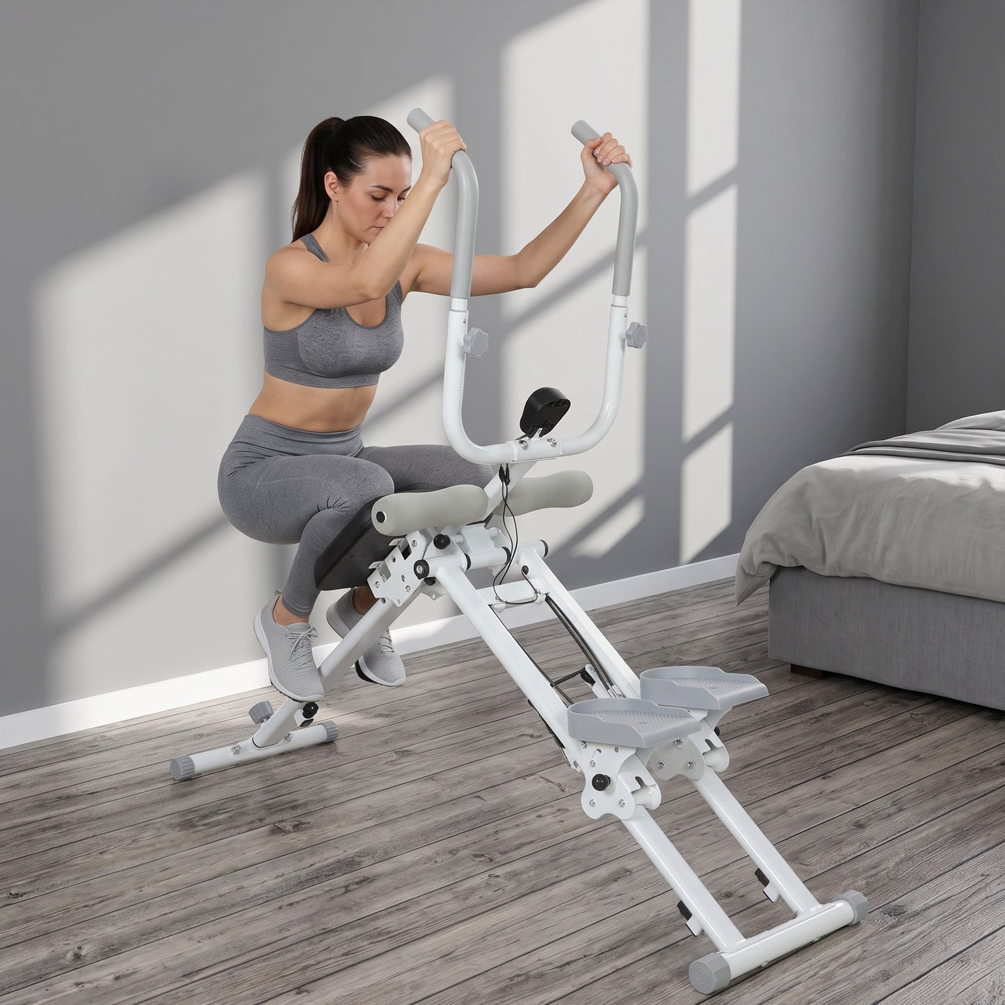 SPORTNOW 2-in-1 Ab Machine and Stair Stepper, Foldable Ab Trainer and Climbing Machine with LCD Monitor for Home Gym, White