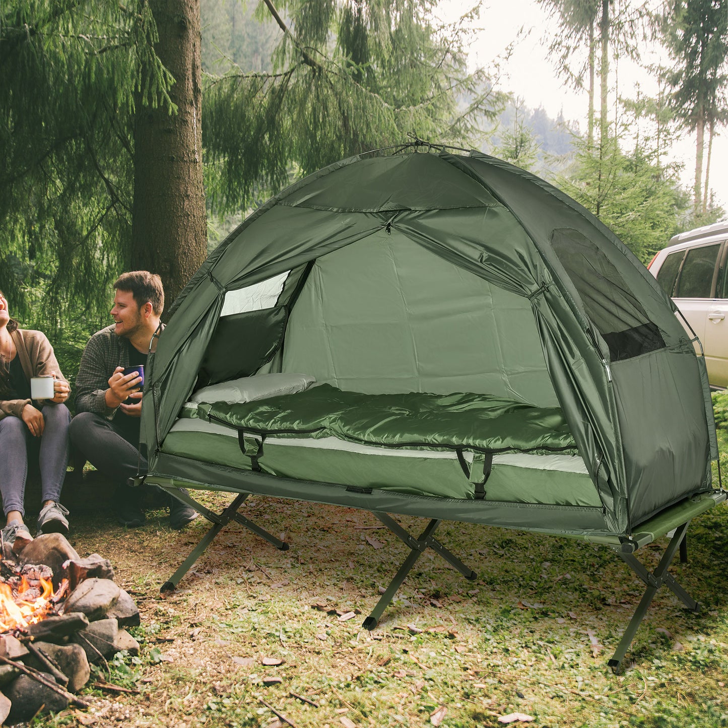 Outsunny Single Bed for Camping Foldable Camping Bed with Mattress for 1-Person Camping & Hiking, Green