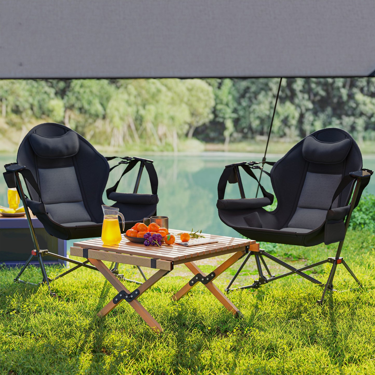 Outsunny Hammock Camping Chair Set of 2, Adjustable Back Portable Swinging Camping Chair with Cup Holder, Headrest, Padded Seat and Carry Bag for Travel Fishing Hiking, Black