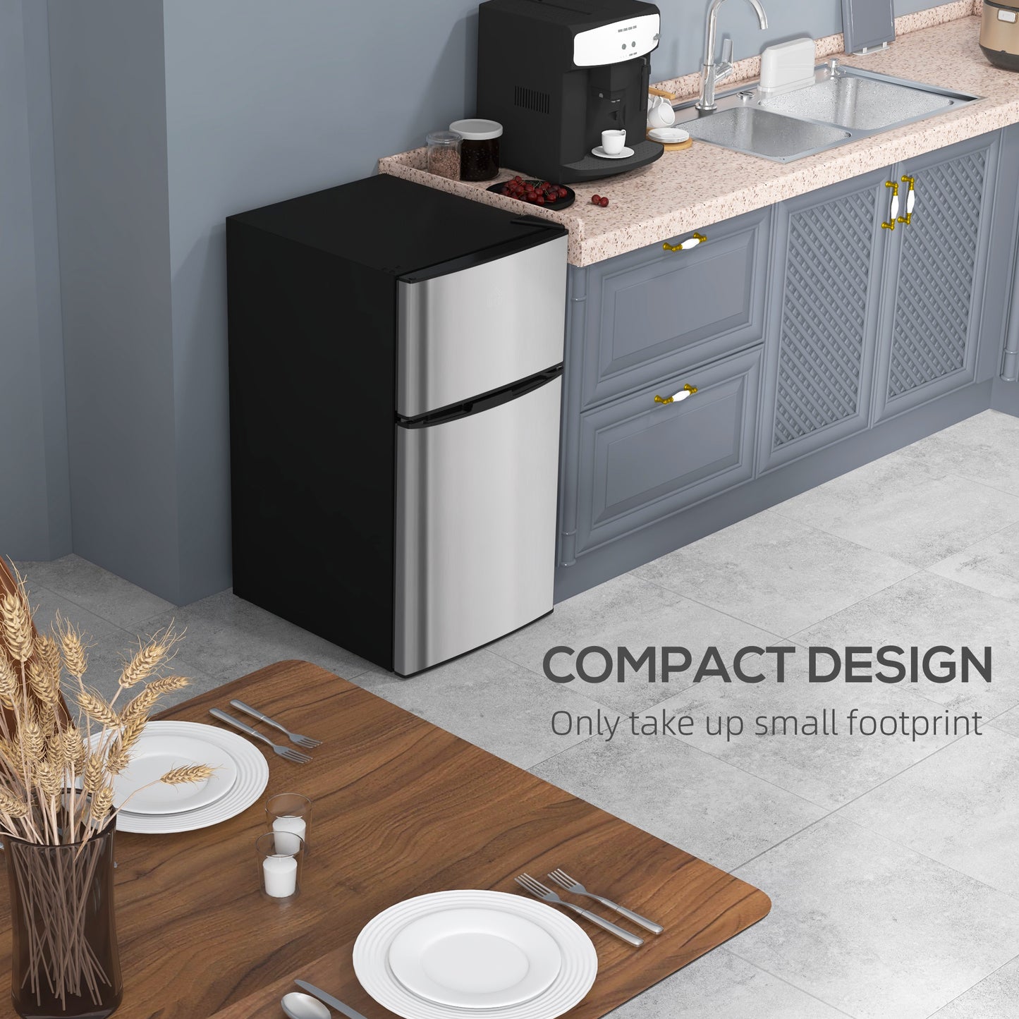 HOMCOM 88L Under Counter Fridge Freezer, Small Refrigerator with 5-Setting, 3 Star Freezer Rating, Black and Silver Tone