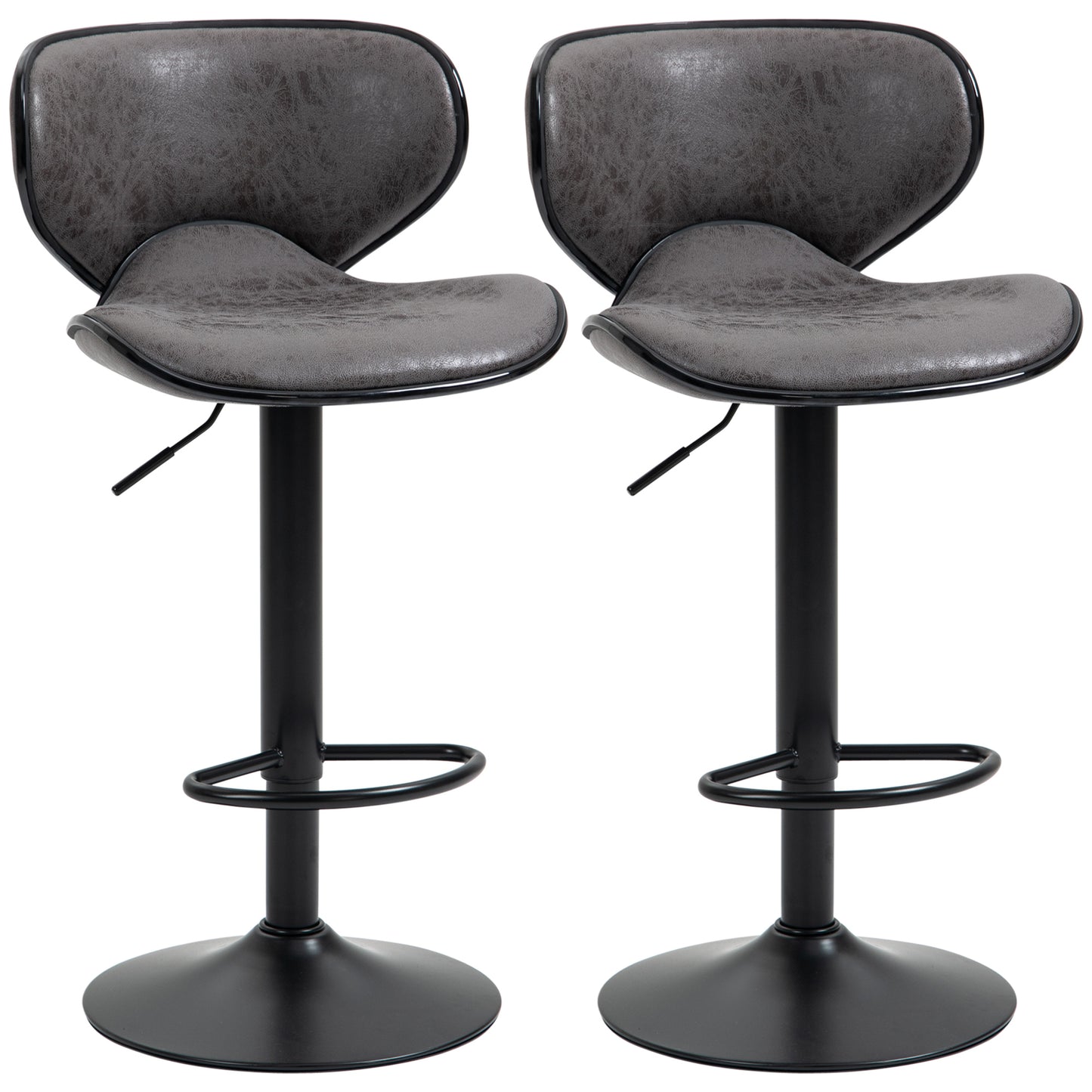 HOMCOM Kitchen Stools Set of 2 61-81cm Sitting Height Leather Upholstered Bar Chairs, Dark Grey