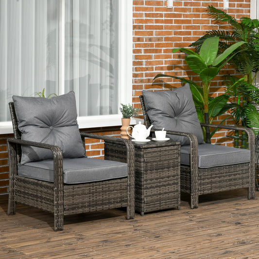 Outsunny 3 Pieces Rattan Bistro Set, Wicker Garden Furniture Set with Storage Coffee Table and Chairs, Thickened Cushions for Outdoor, Patio, Balcony, Grey