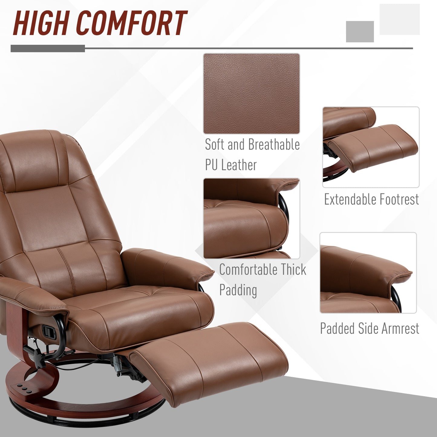 HOMCOM Faux Leather Armchair, with 145° Reclining Back and Footrest - Brown