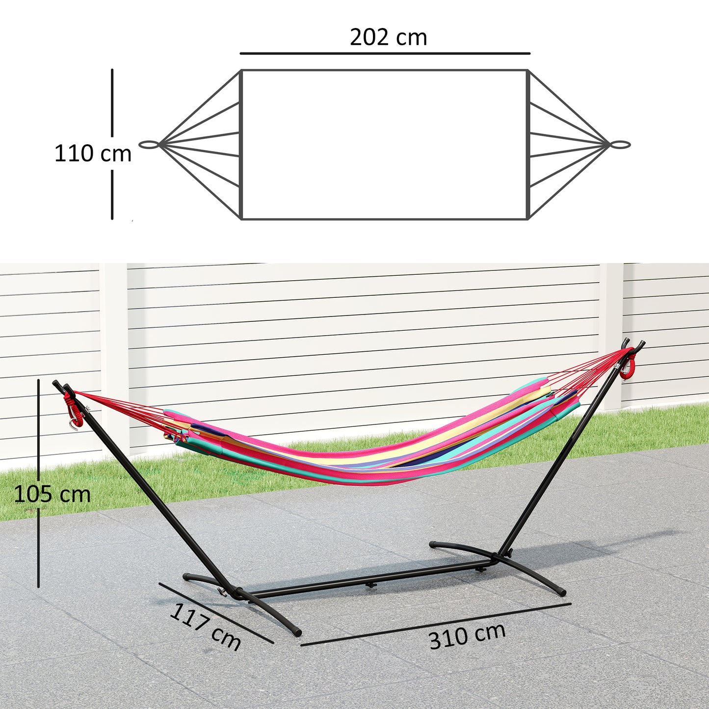 Outsunny 298 x 117cm Hammock with Stand Camping Hammock with Portable Carrying Bag, Adjustable Height, 120kg Load Capacity, Multicolour