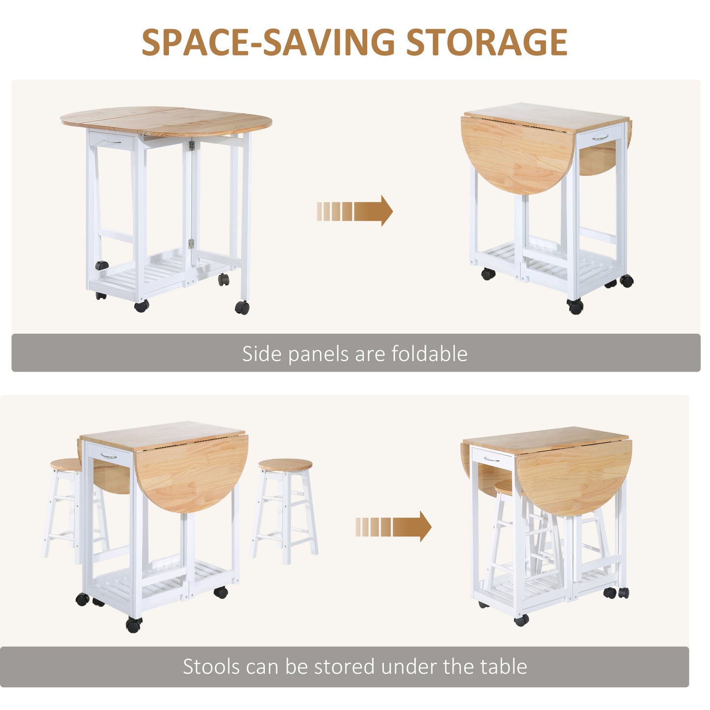HOMCOM 3 Pieces Dining Room Set, Mobile Foldable Dining Table and 2 Stools with Storage Shelf, 2 Drawers and 6 Wheels, Drop Leaf Bar Table and Stools for Home Kitchen Pub, White