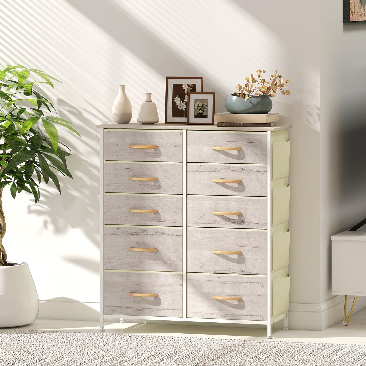 HOMCOM Chest of Ten Fabric Drawers - Natural Wood Finish