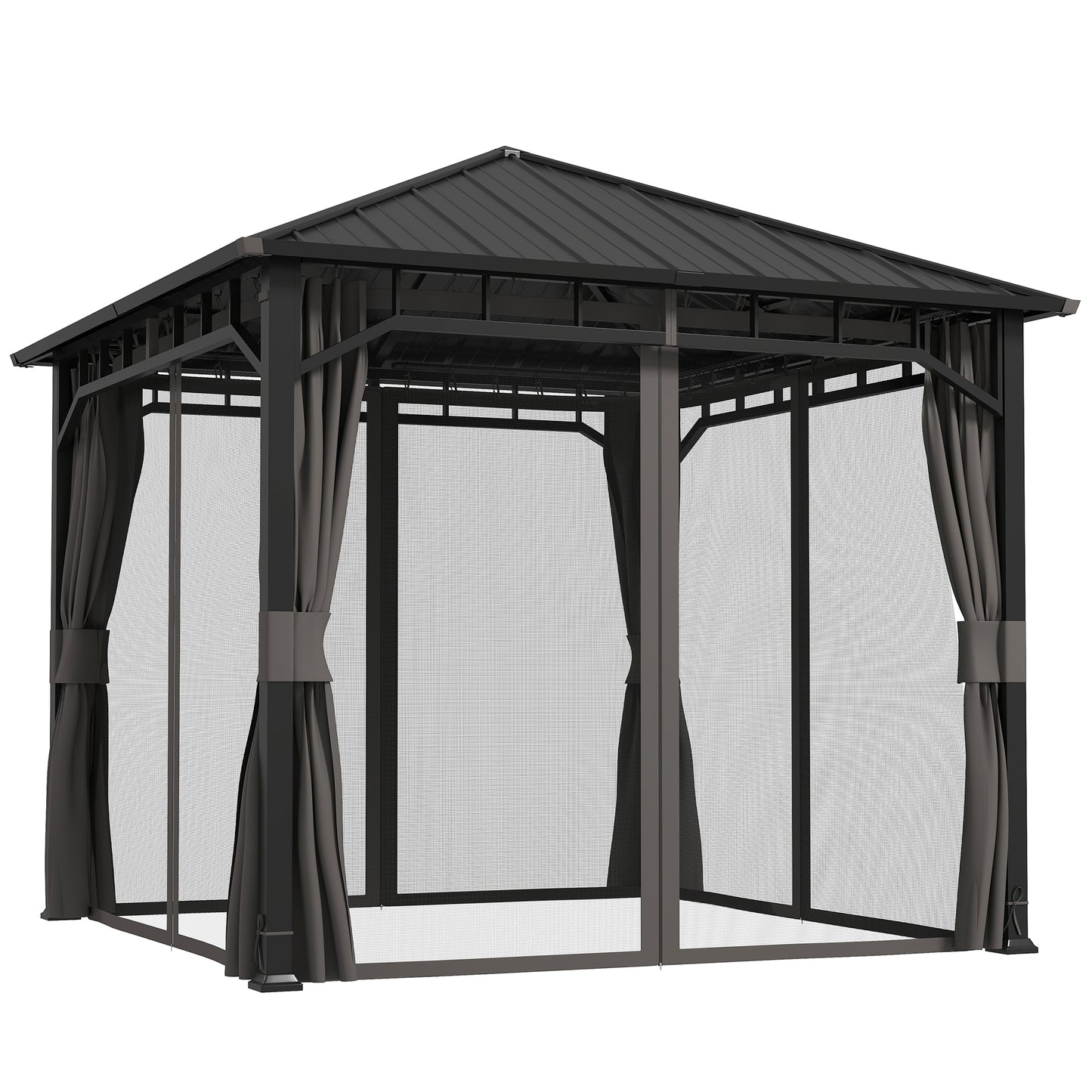 Outsunny 3 x 3(m) Hardtop Gazebo with Galvanised Steel Roof, Waterproof Permanent Pavilion Garden Gazebo with Netting and Curtains for Patio, Deck