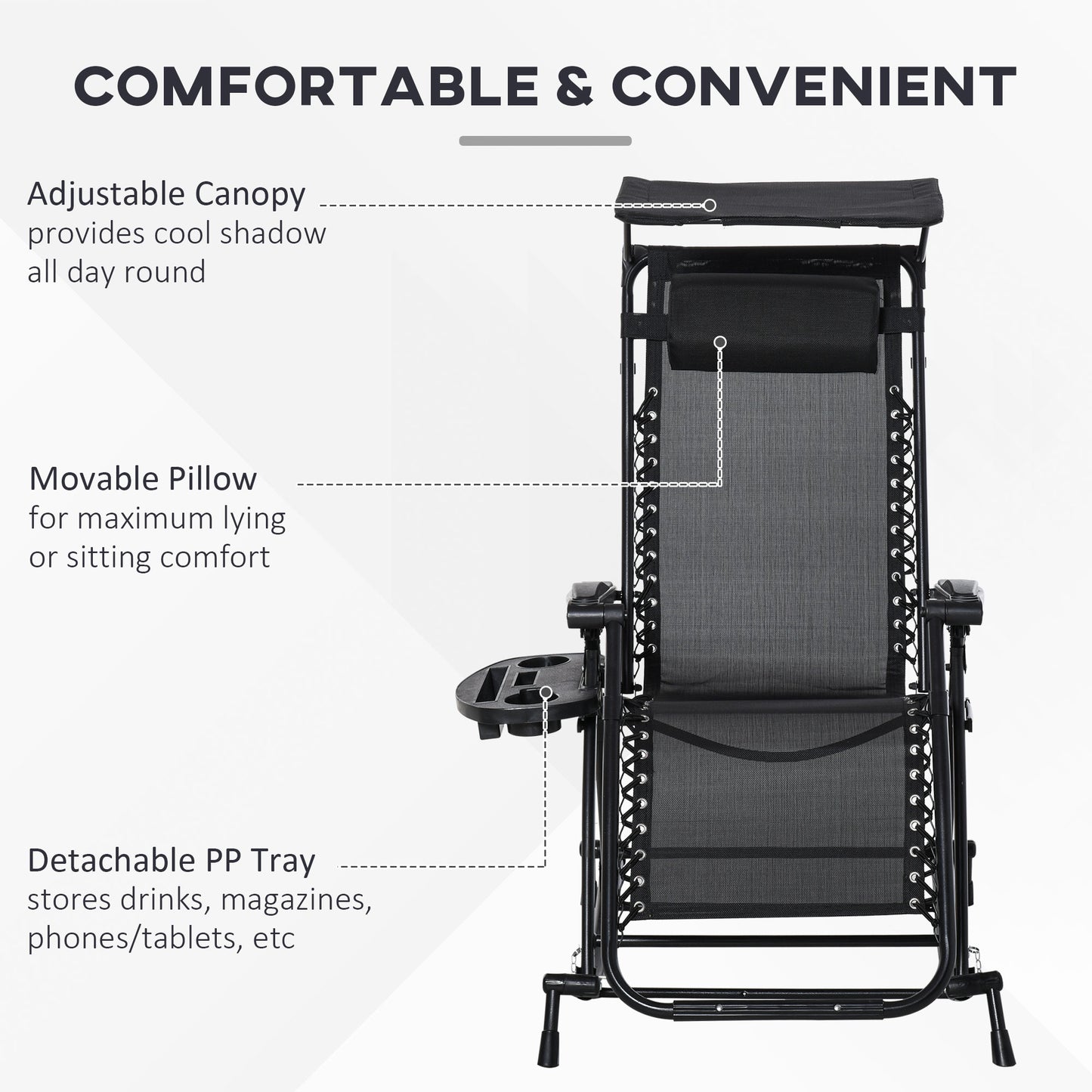 Outsunny Garden Rocking Chair Folding Recliner Outdoor Adjustable Sun Lounger Rocker Zero-Gravity Seat with Headrest Side Holder Patio Deck - Black