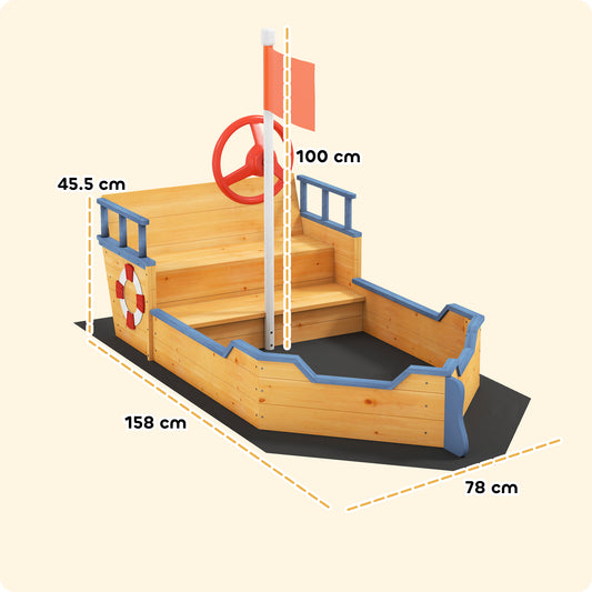 Outsunny Kids Sand Pit, Children Pirate Ship Sandbox with Bench, Bottom Liner, Seat, Natural Wood Tone