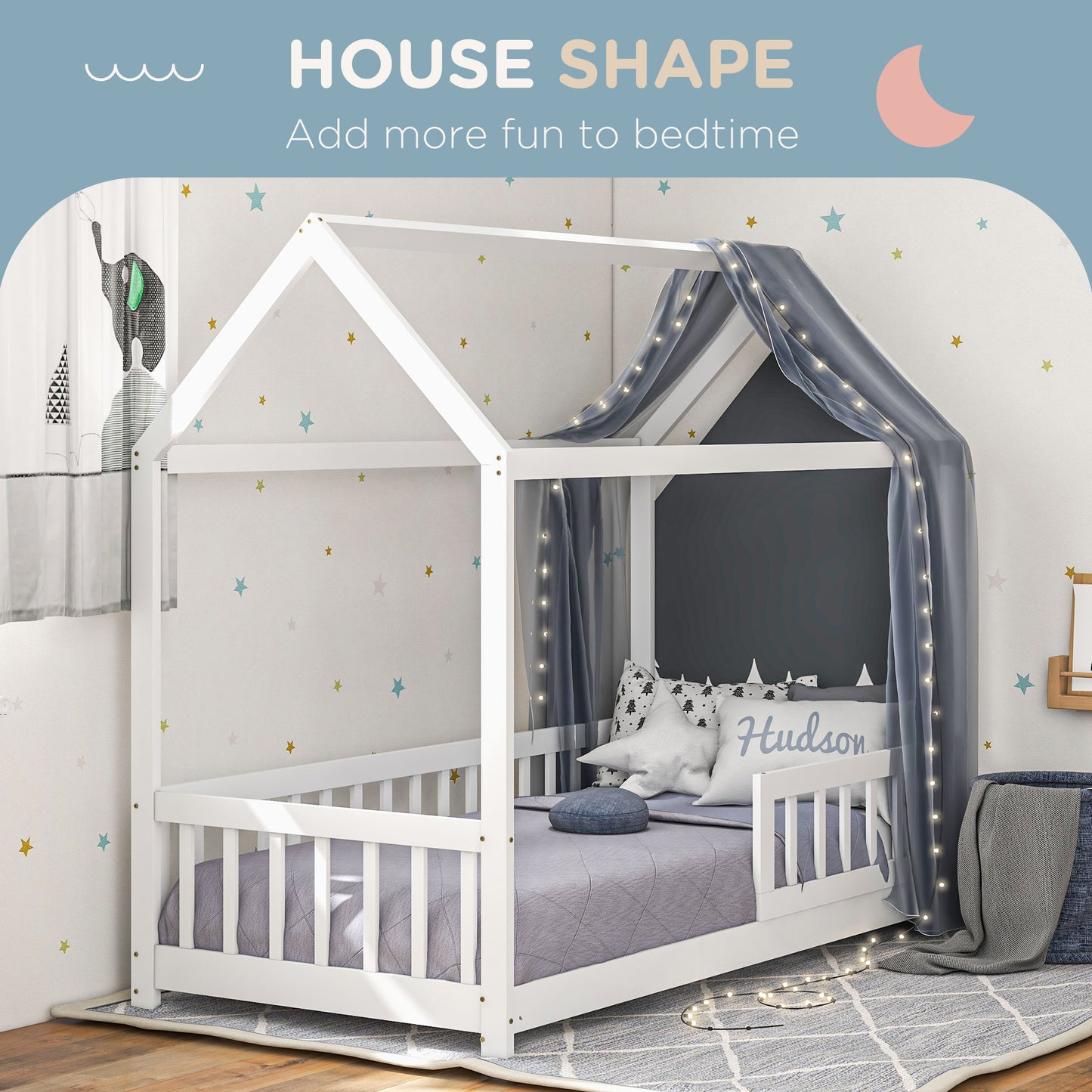 HOMCOM House-Shaped Kids Bed Frame with Safety Fence, Solid Pine Wood Single Bed Frame for Kids Boys and Girls