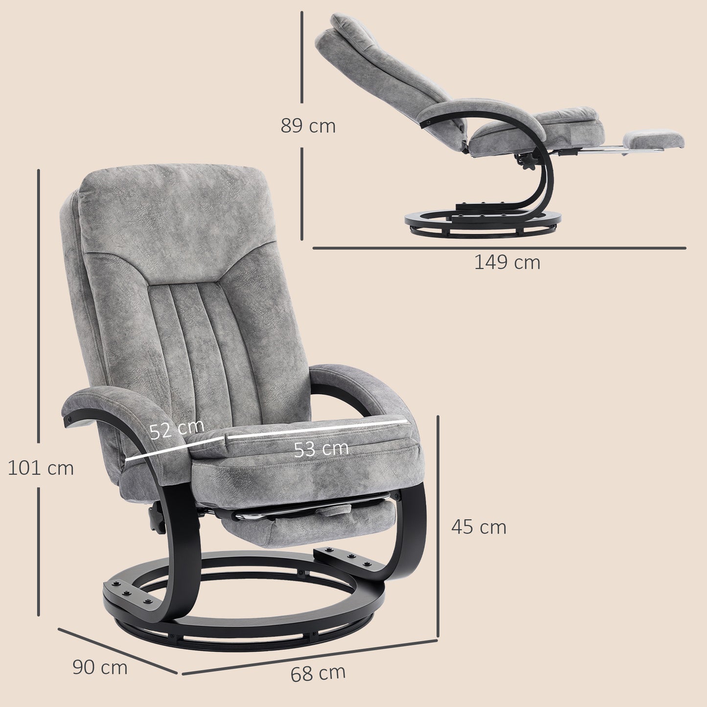 HOMCOM Swivel Recliner Chair with Footrest, Manual Recliner Armchair with Wooden Base, Plush Velvet Upholstered Reclining Chair for Living Room, Bedroom, Office, Grey