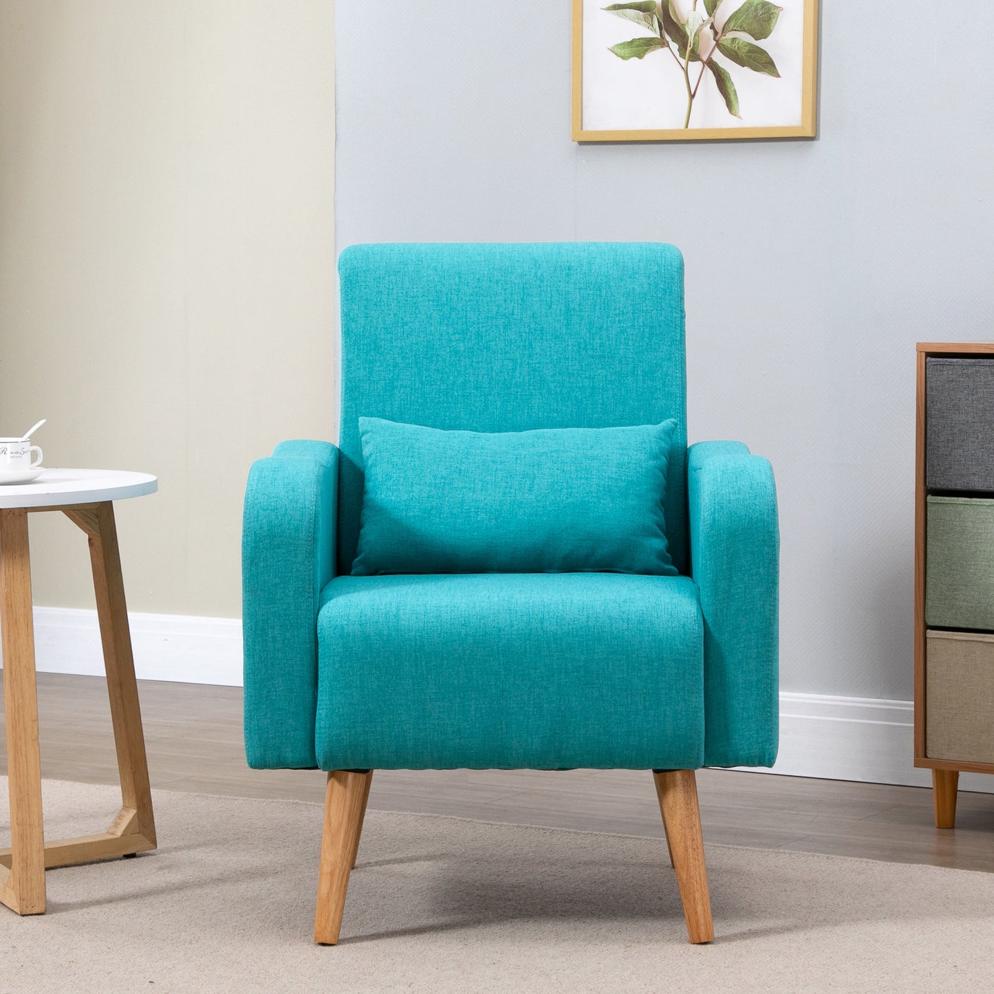 HOMCOM Accent Chair, Linen-Touch Armchair with Pillow, Upholstered Leisure Lounge Sofa for Living Room, Club Chair with Rubber Wooden Frame, Teal