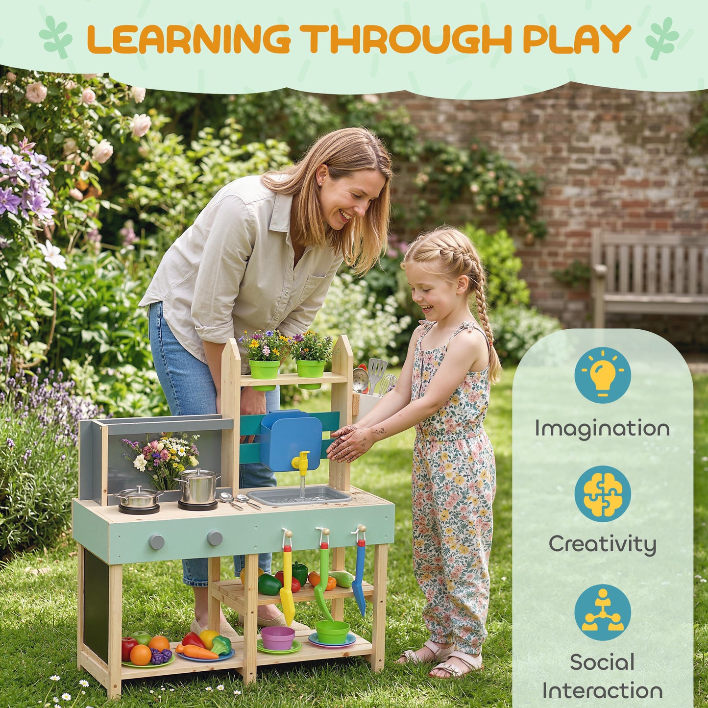 AIYAPLAY Mud Kitchen with Working Faucet, Kids Play Kitchen with Flower Pots, Kitchen Accessories, Planting Tools, Blue