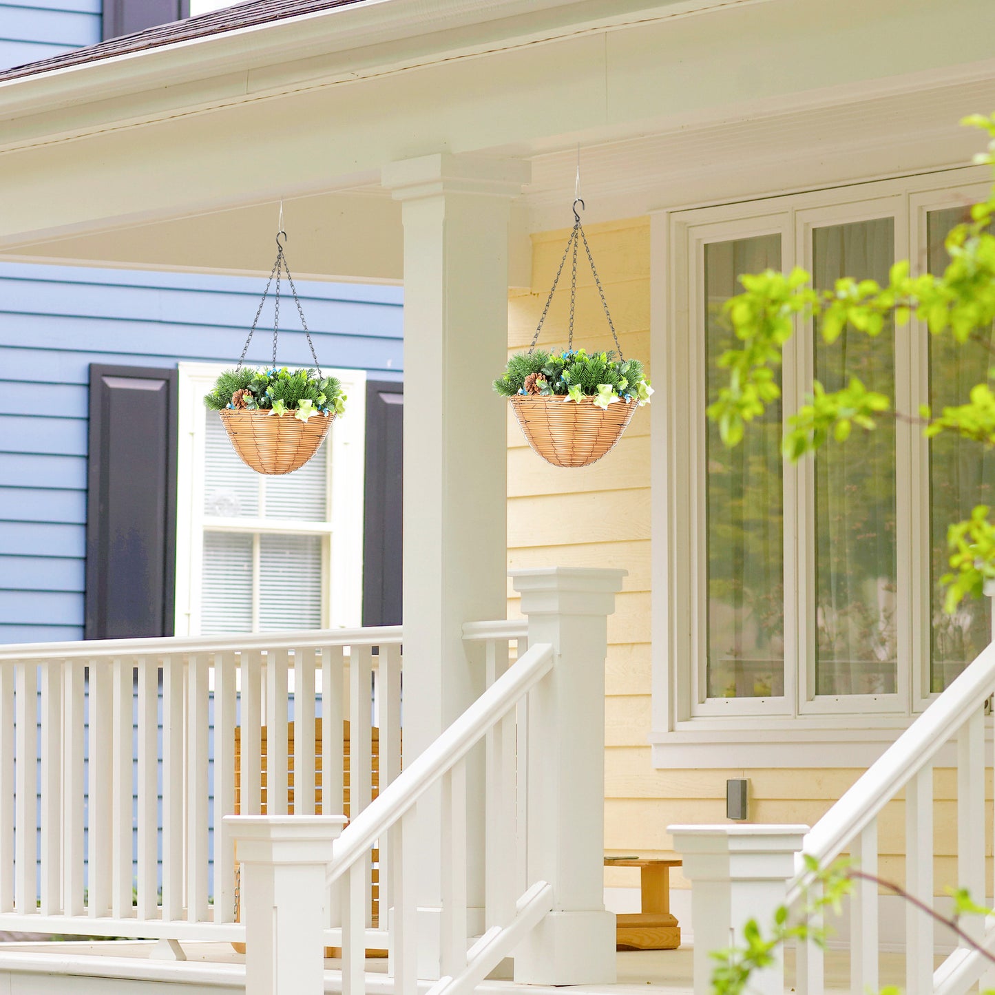 HOMCOM Pack of 2 Faux Plant Artificial Lisianthus Flowers, Hanging Planters with Basket, PE Leaves, 18 Flowers and 3 Pinecones, Decorative Faux Plants for Home Office Decor, Green