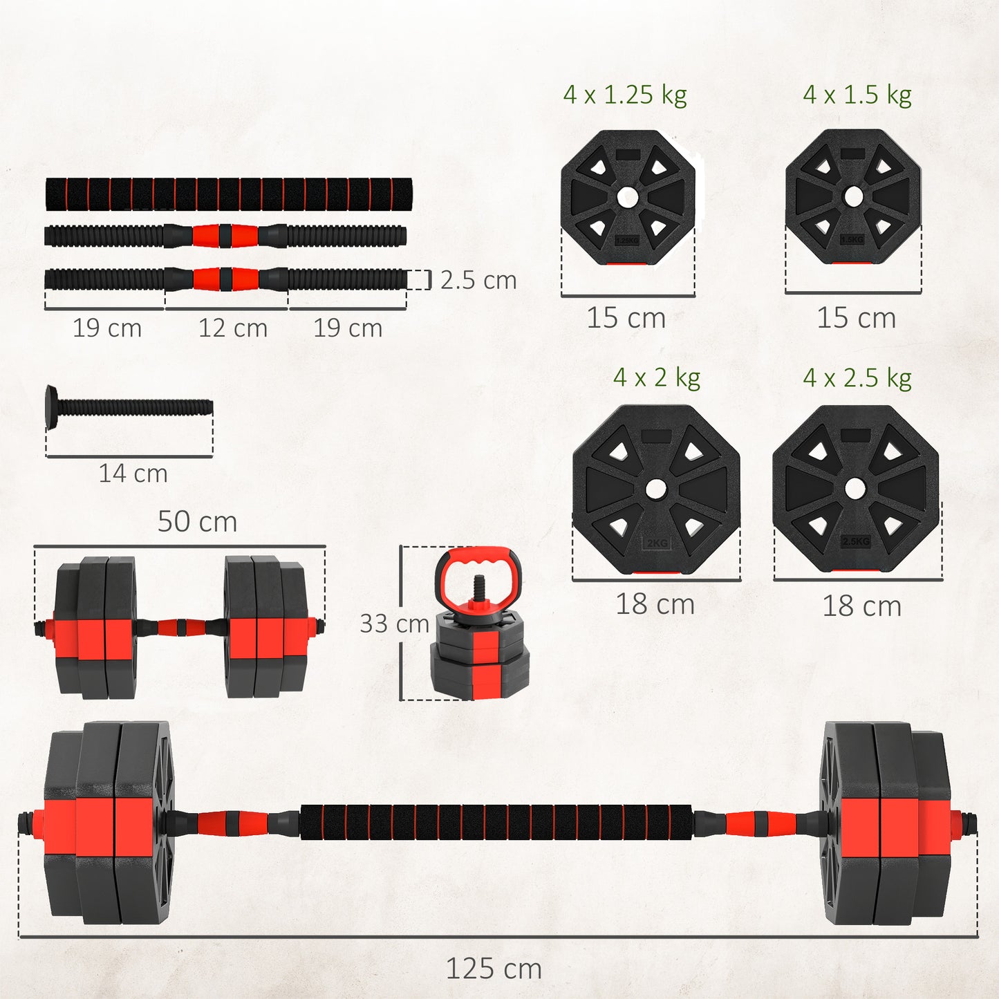 SPORTNOW 4-in-1 Adjustable Weight Dumbbells Set, Used as Kettlebell, Barbell, Dumbbell, Push-Up Stand, 30kg Free Weights Set for Men and Women Home Gym Training, Red
