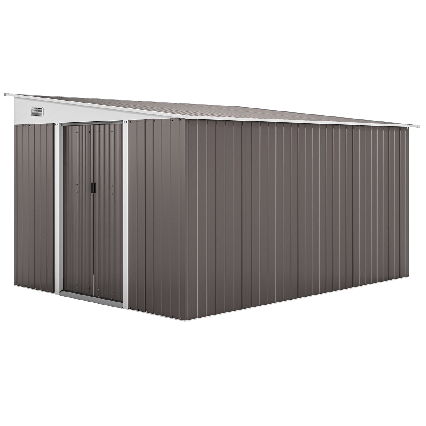 Outsunny 11.3 x 9.2ft Lean to Metal Garden Shed, Waterproof Outdoor Tool & Bike Storage Shed Galvanised with Lockable Double Sliding Doors, Pent Roof and 2 Air Vents, Grey