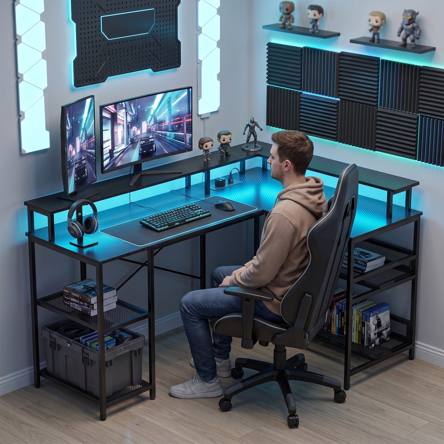 HOMCOM L Shaped Gaming Desk with LED Lights and Power Outlets, 150cm Corner Computer Desk for Small Space, Black