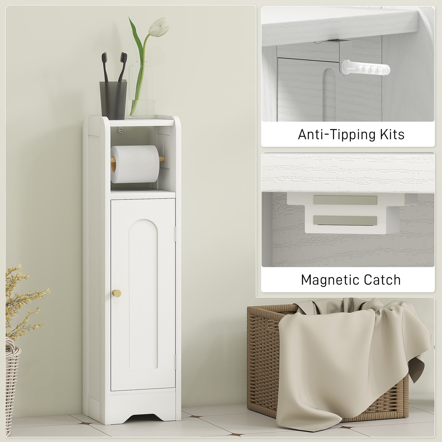 HOMCOM Small Bathroom Storage Cabinet with Toilet Roll Holder - White