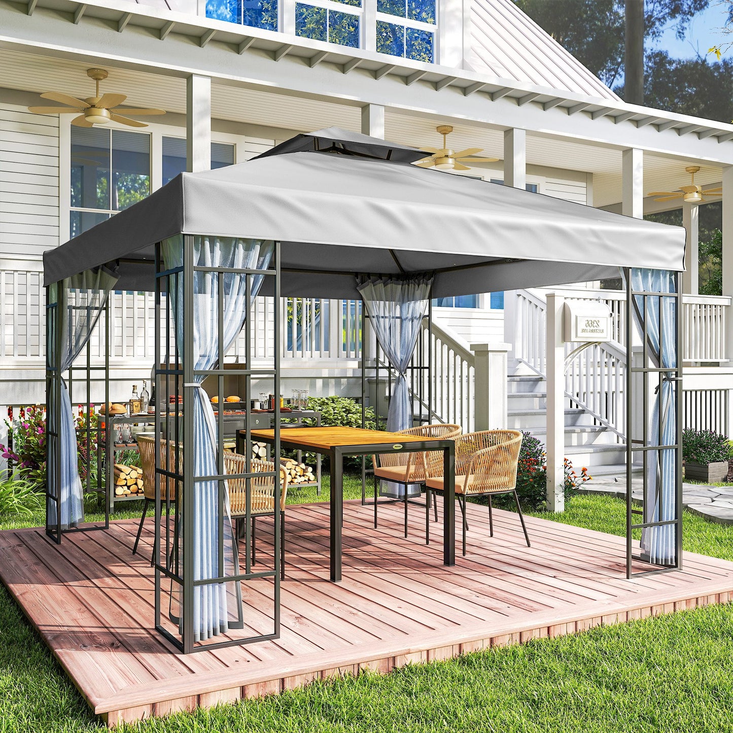 Outsunny 3 x 3(m) Patio Gazebo Canopy Garden Pavilion Tent Shelter with 2 Tier Roof and Mosquito Netting, Light Grey