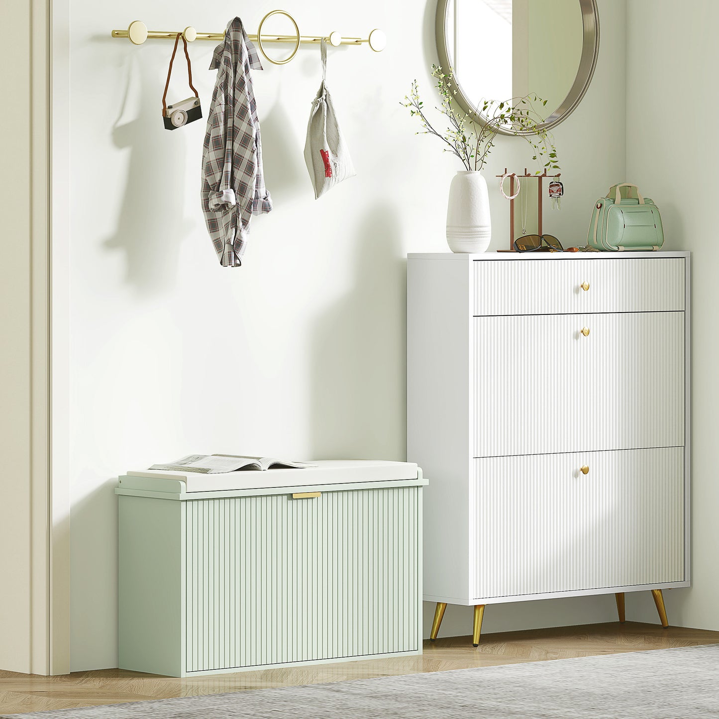 HOMCOM Elegant Eight Shoe Bench, with Top Seat - Green