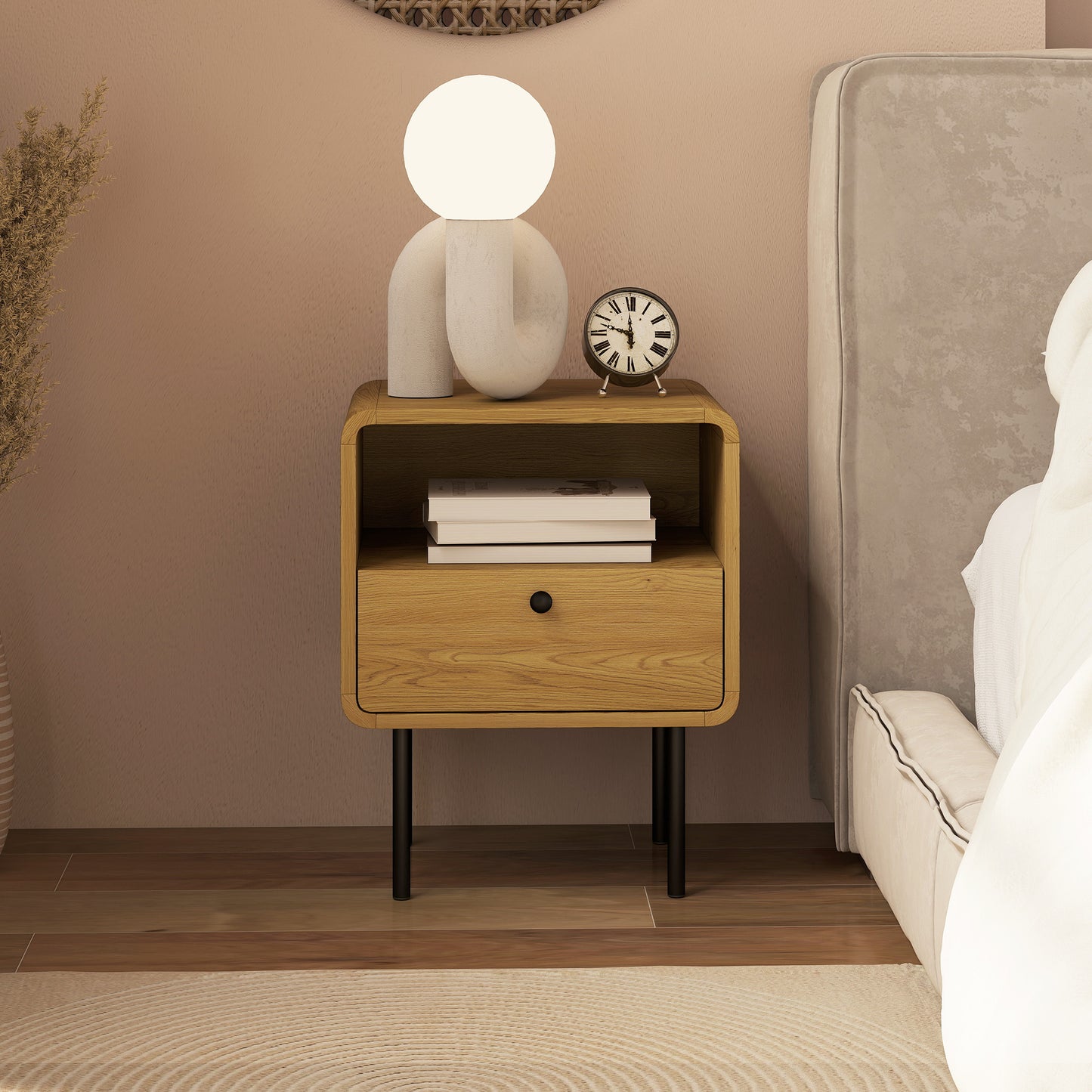 HOMCOM Bedside Table with Drawer and Open Shelf - Oak