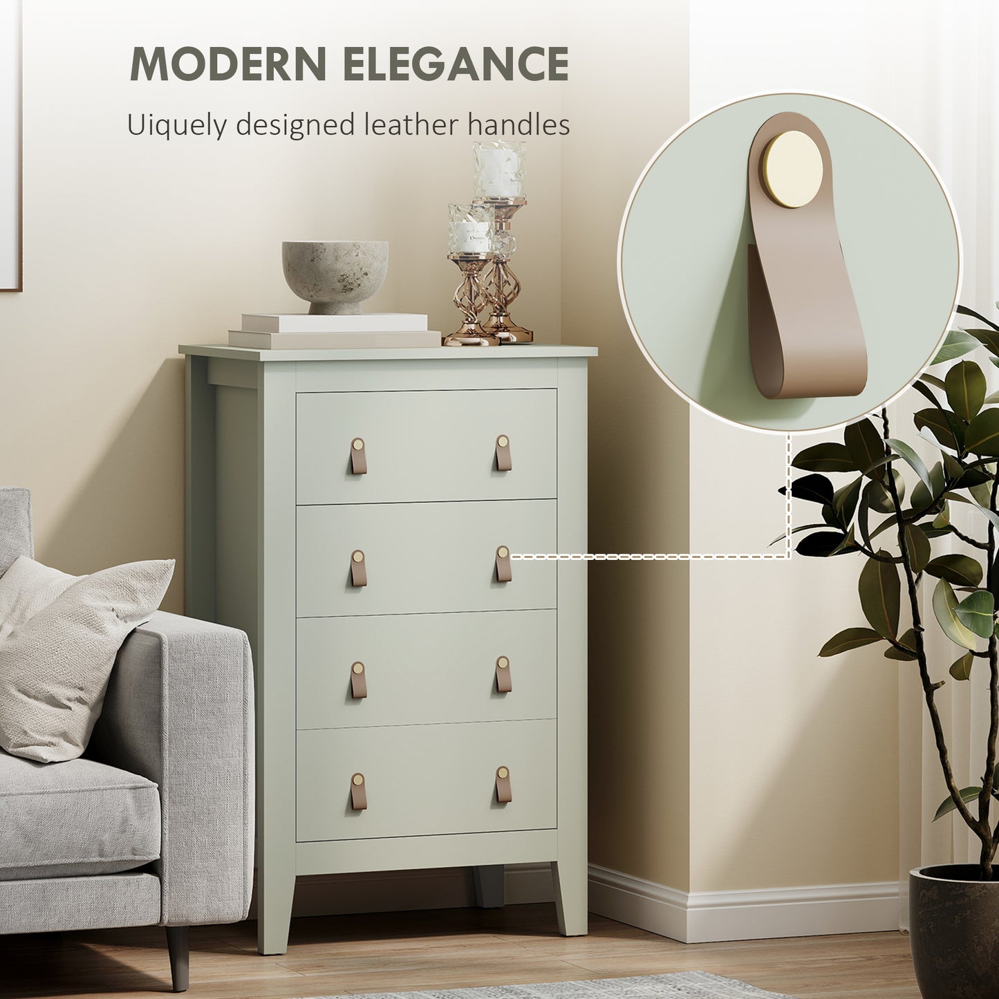 HOMCOM Bedroom Chest of Drawers, Modern 4 Drawer Dresser Cabinet with PU Leather Handles and Metal Runners for Living Room, Hallway, Entryway, 60 x 40 x 98 cm, Green