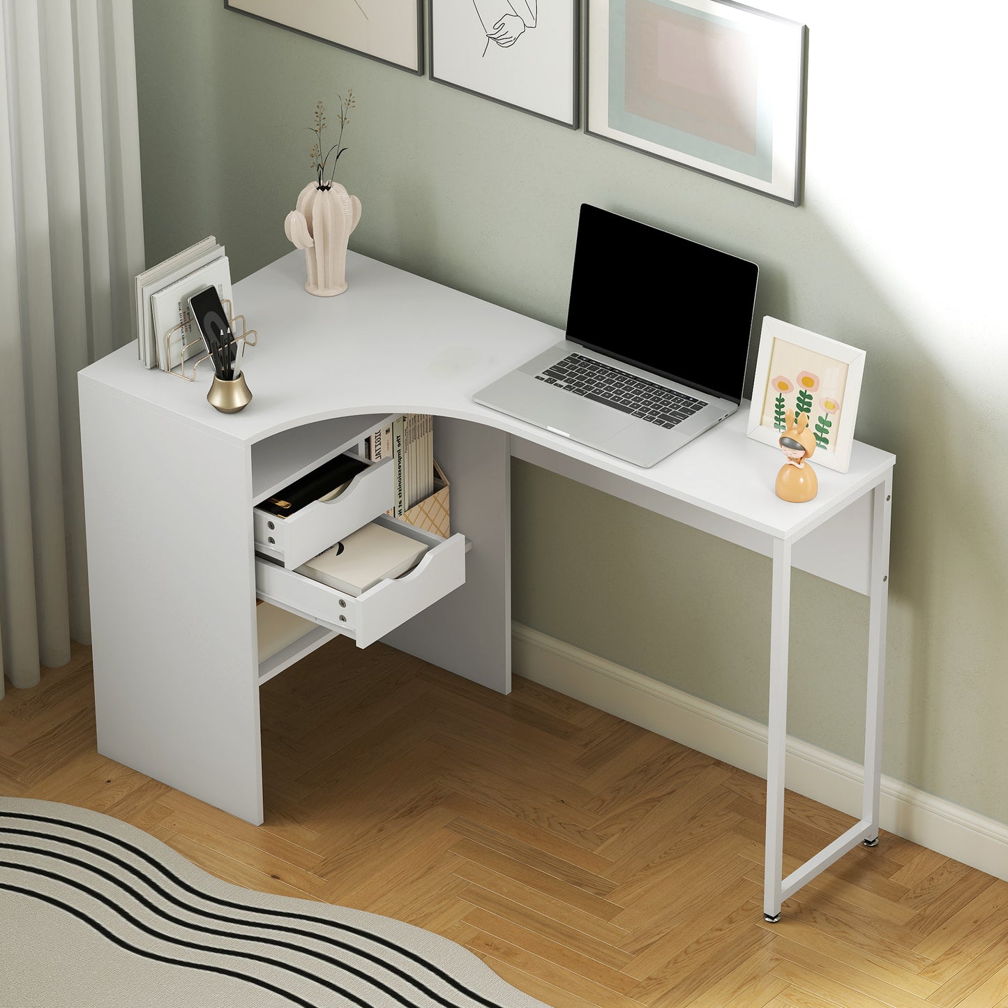 HOMCOM L Shaped Desk, 120cm Computer Desk, Corner Desk with 2 Drawers and 3 Storage Compartments for Home Office, Study Workstation, White