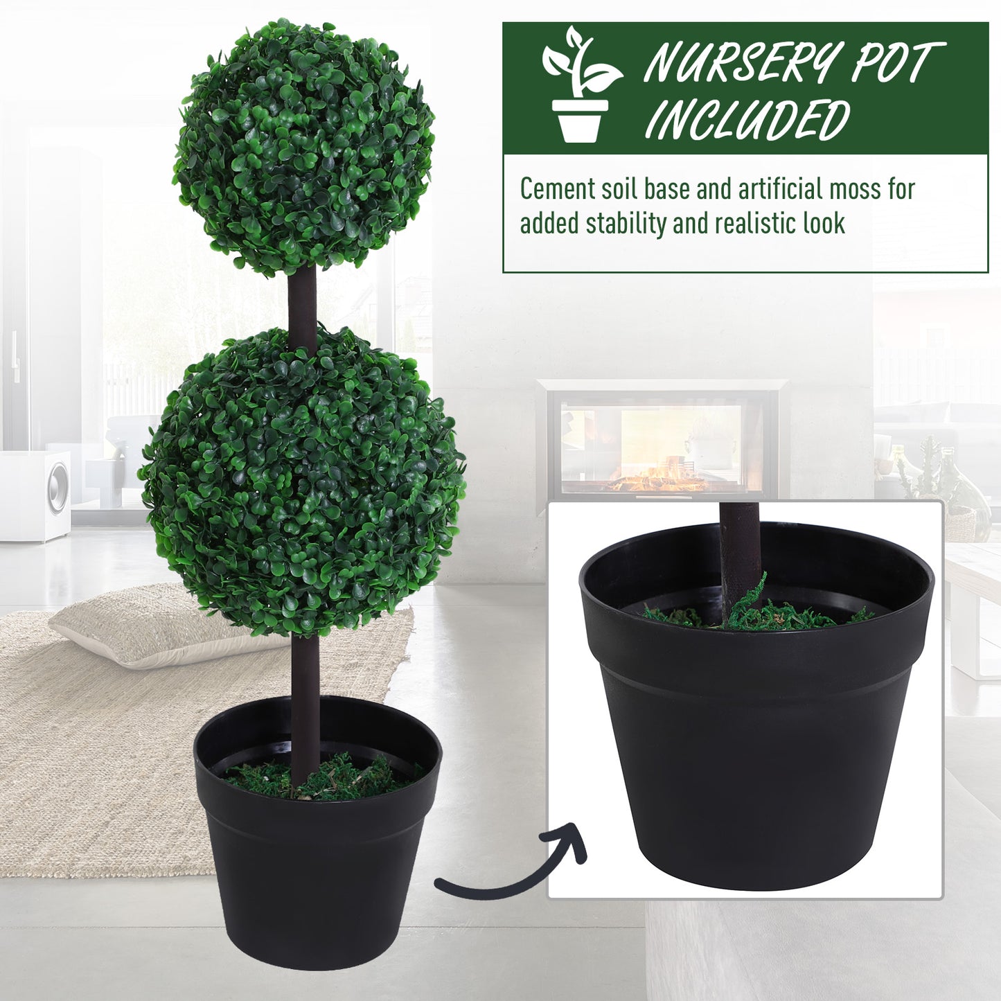 Outsunny Set of 2 Artificial Boxwood Ball Topiary Trees Potted Decorative Plant Indoor Décor (67cm)