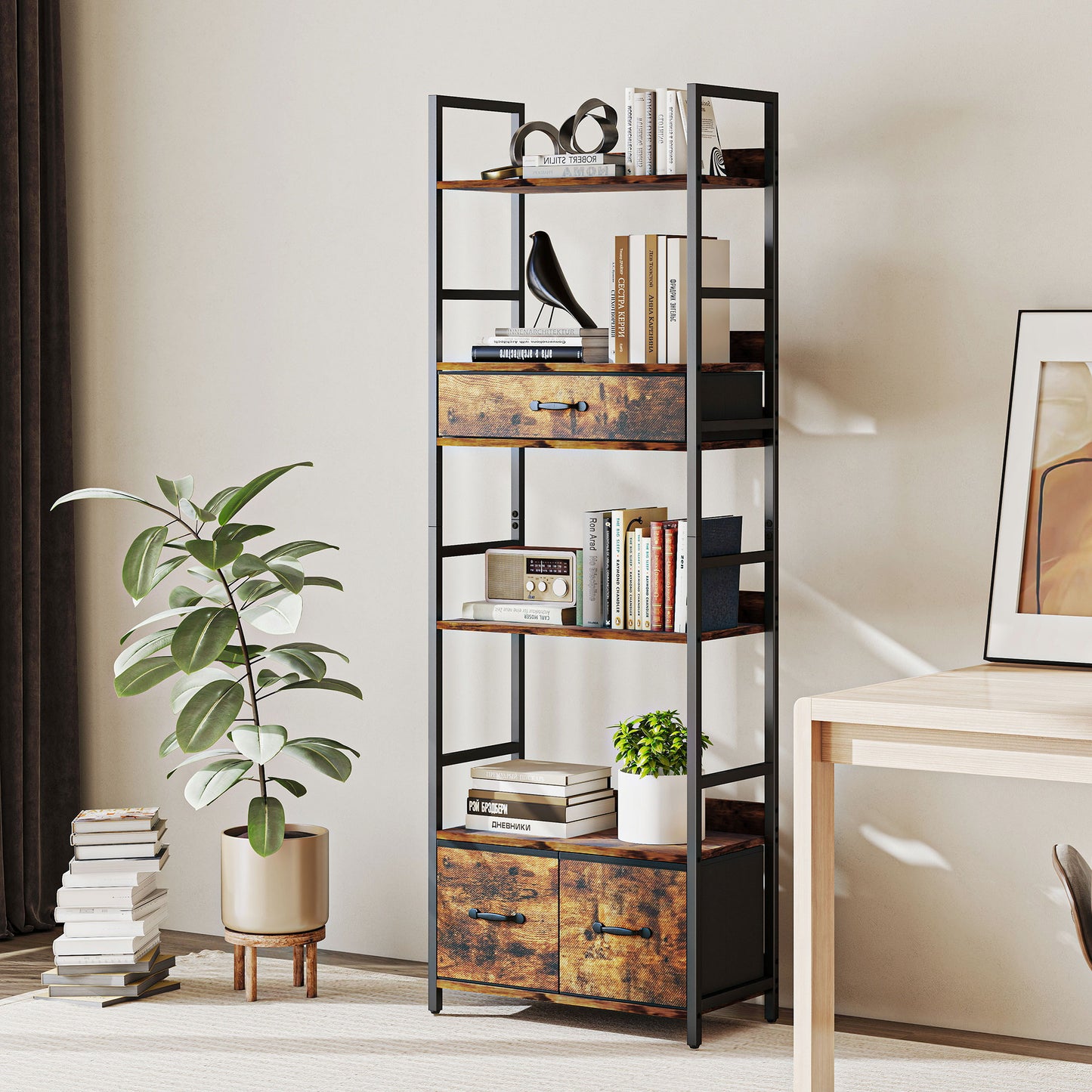 HOMCOM Industrial Style Bookcase, with 4 Shelves and 3 Fabric Drawers - Brown/Black