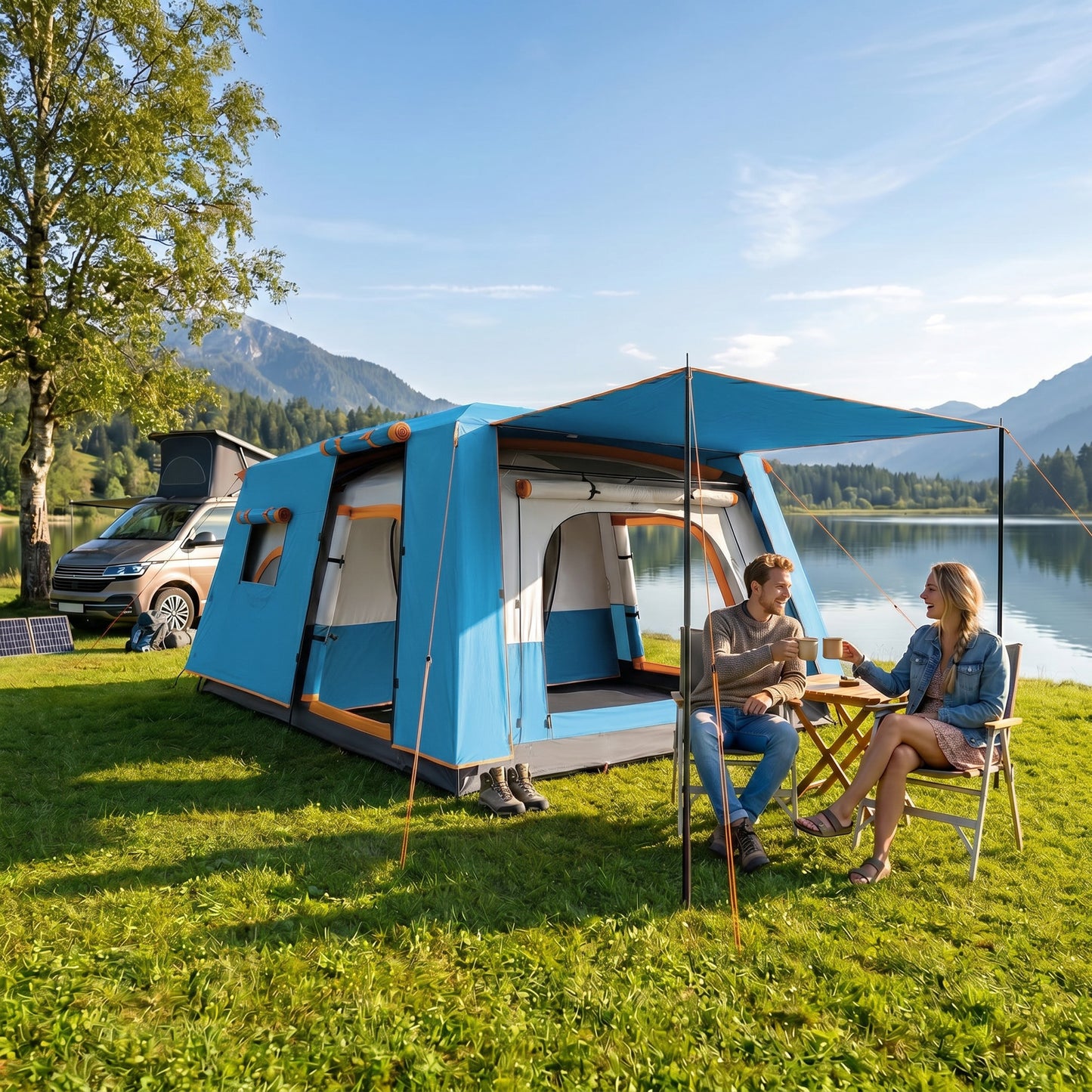 Outsunny 4 Man Camping Tent, Double Layer Tunnel Tent with Porch, Living Area and 2 Bedrooms, Sewn in Groundsheet, 3000mm Waterproof and UPF 30+, Portable with Bag, 430 x 305 x 195 cm Large, Blue