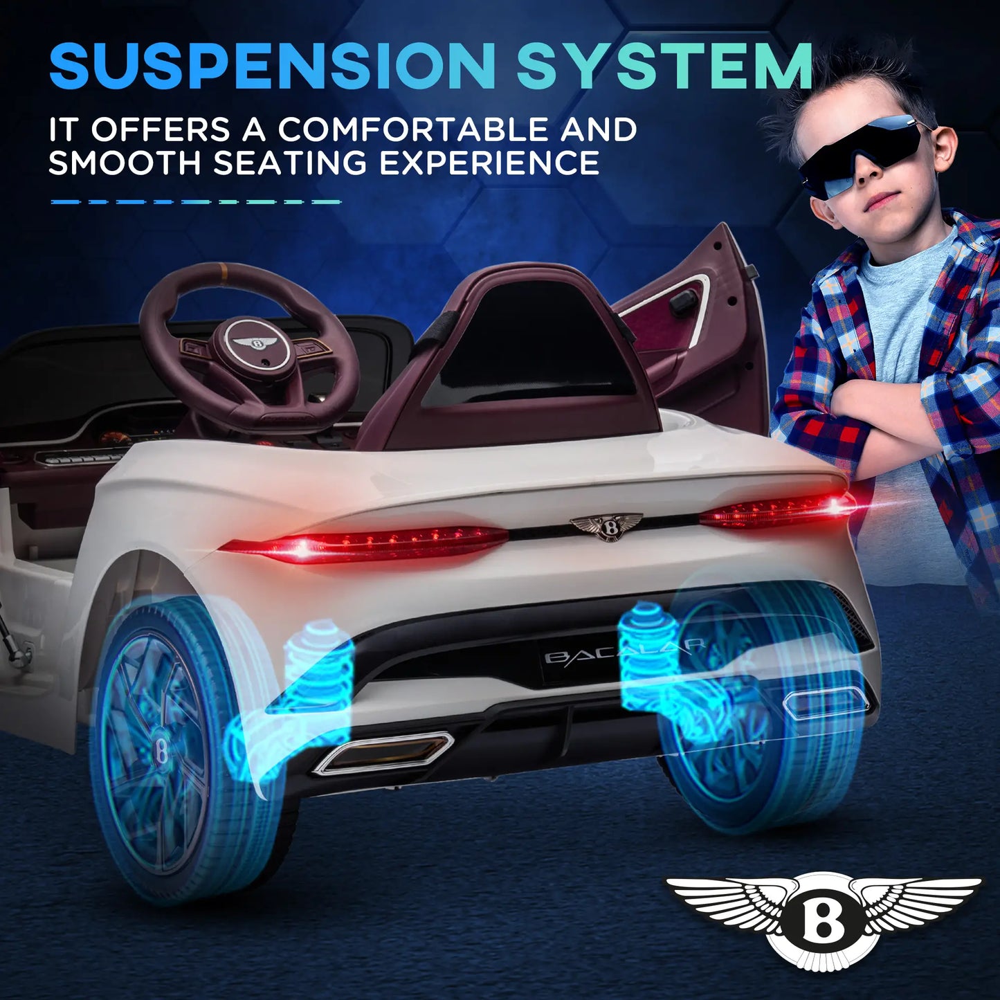 Bentley Bacalar Licensed 12V Kids Electric Car, with Remote Control, Horn, Lights, Music, Suspension Wheels, White