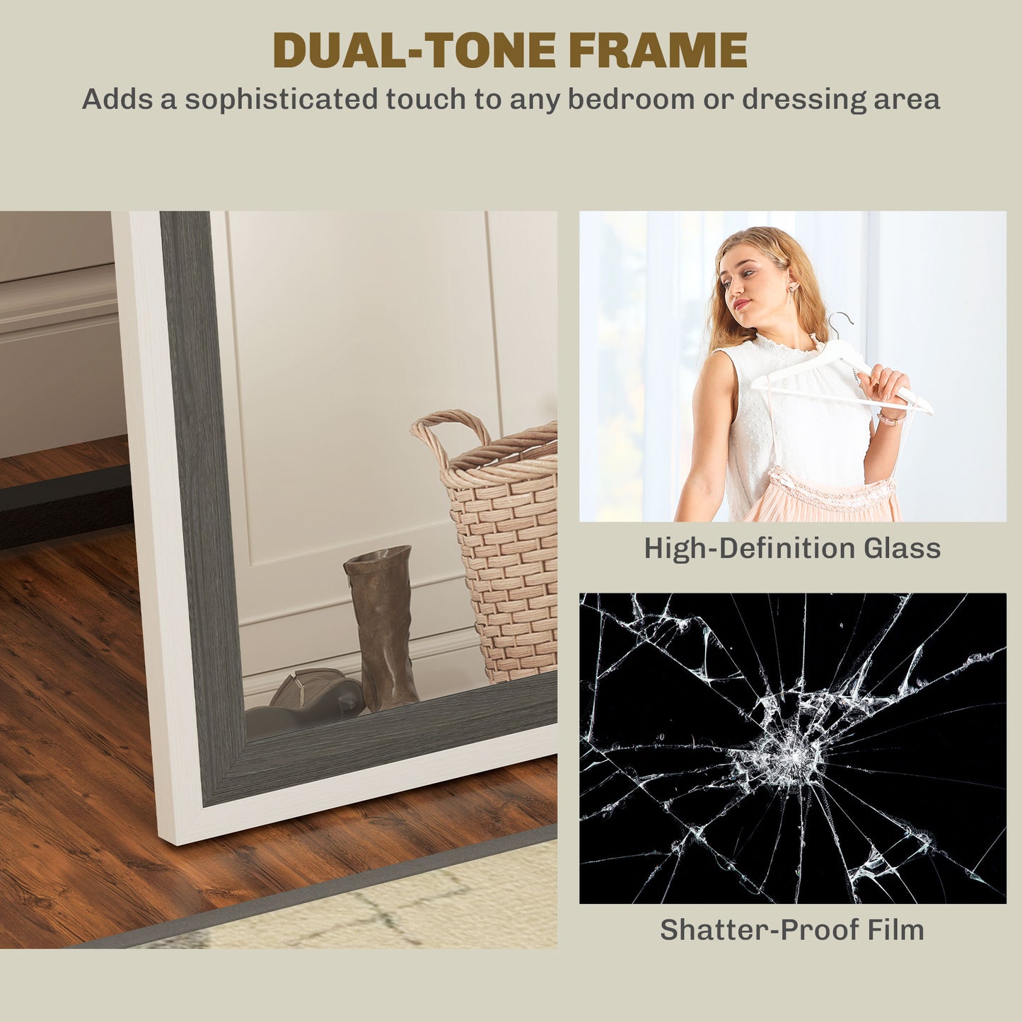 HOMCOM 162.6 cm Two-Tone Full Length Mirror - White/Grey-Tone