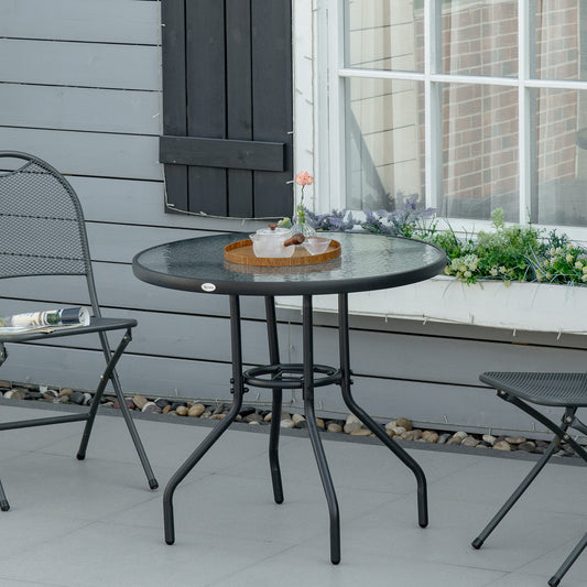 Outsunny Outdoor 80cm Round Dining Table Tempered Glass Top Steel Frame Bistro Coffee End Side Table Garden w/ Parasol Hole