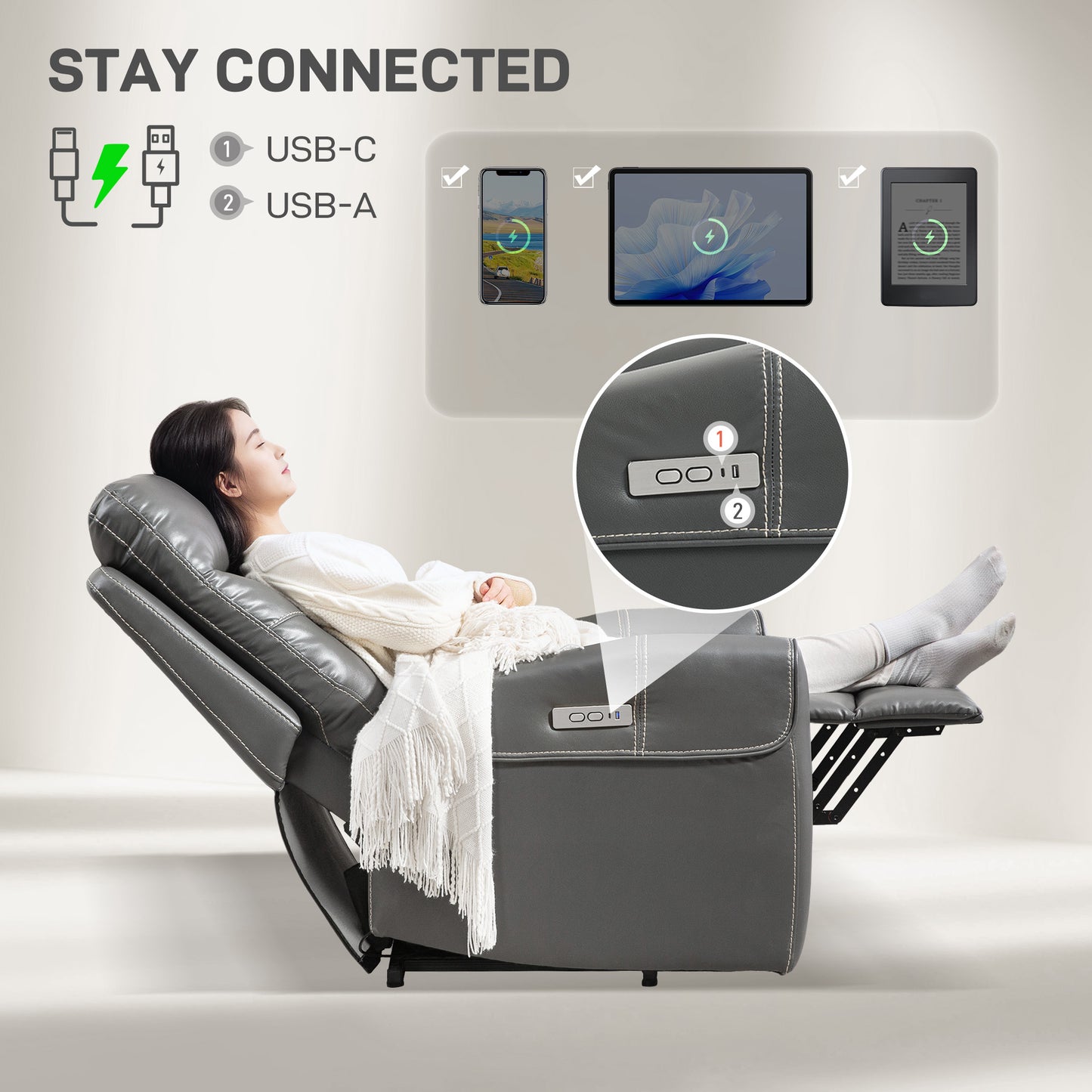 HOMCOM Power Lift Recliner Chair for Elderly, Overstuffed Faux Leather Riser and Reclining Chair with USB A+C Ports, Recliner Armchair for Living Room, Charcoal Grey