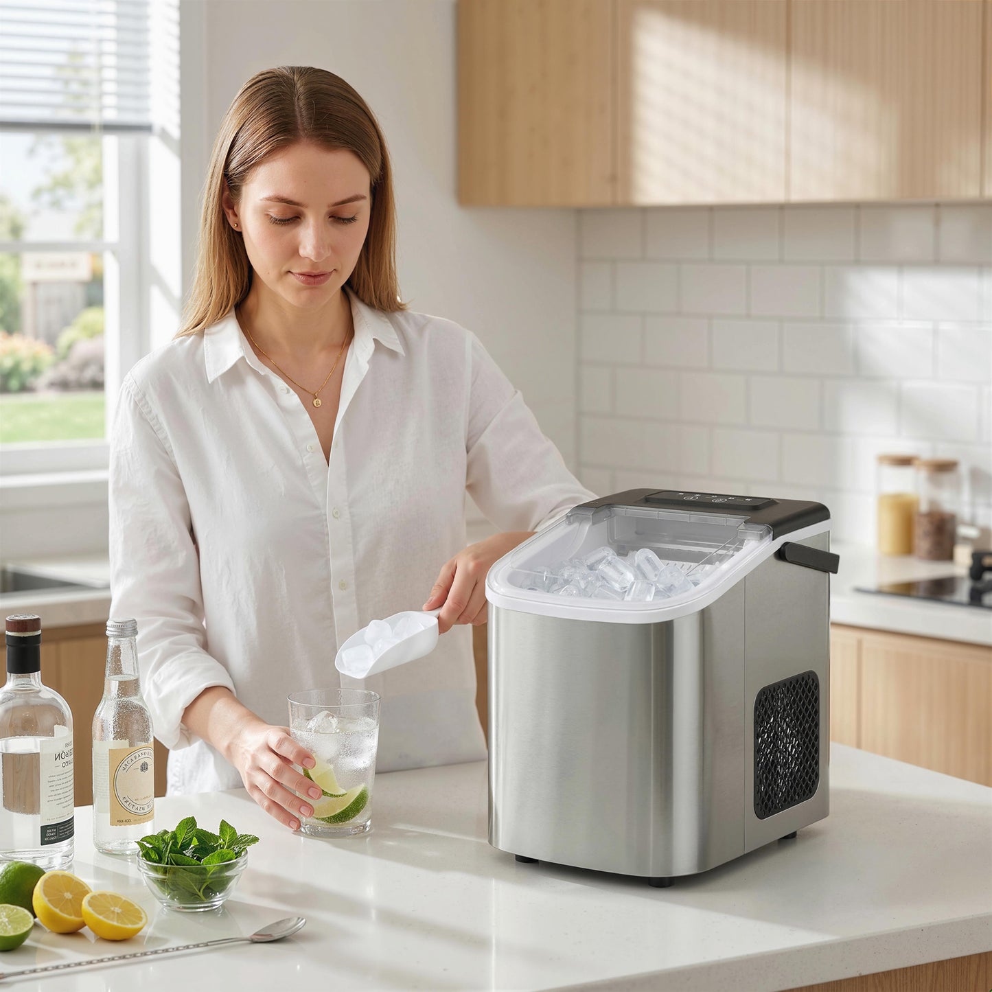 HOMCOM Ice Maker Machine Countertop, 9 Cubes Ready in 7 Mins, 12 KG in 24Hrs, 2 Sizes of Bullet, Self-Cleaning Ice Machine with Handle, Scoop & Basket for Home Kitchen Office RV, Stainless Steel