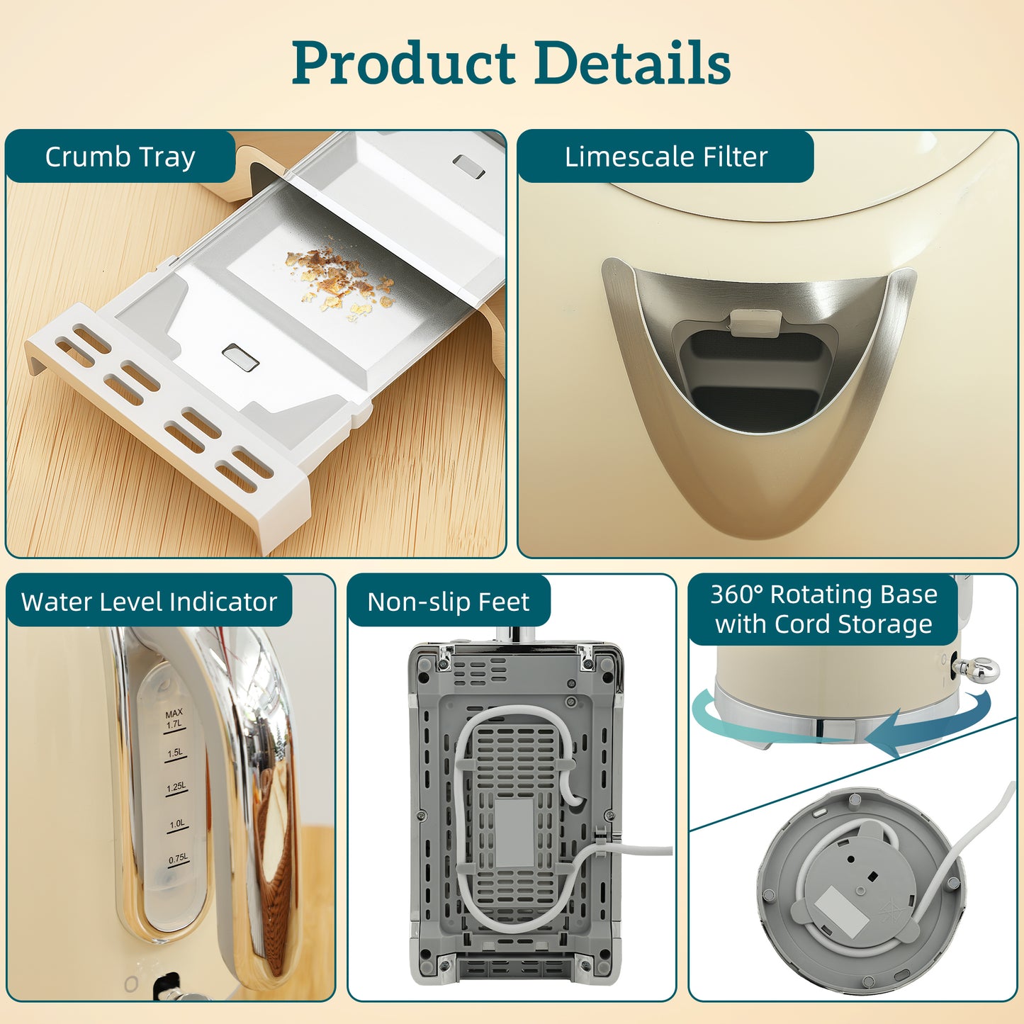 HOMCOM Retro Toaster and Kettle Set - Cream