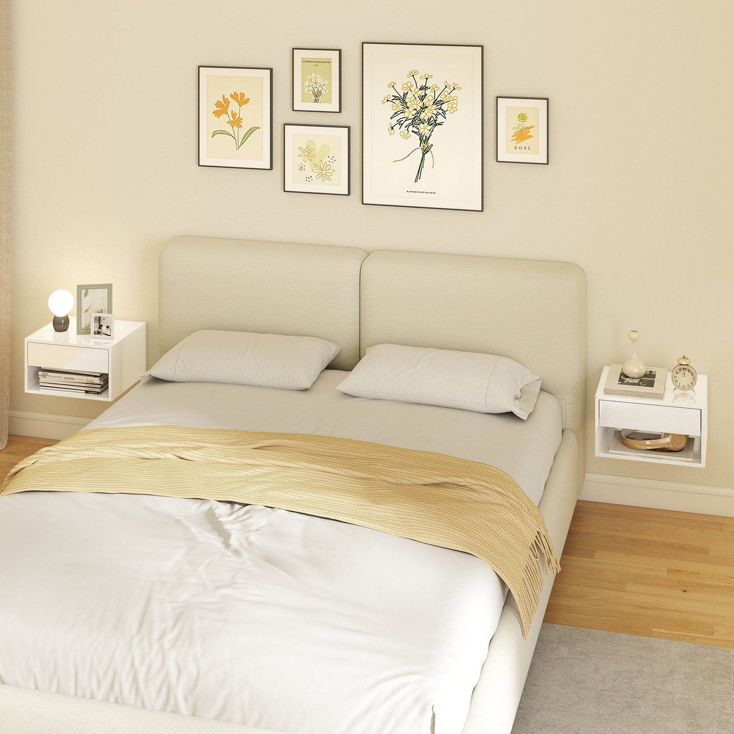 HOMCOM Set of Two Floating Bedside Tables, Wall Mounted Nightstand with Drawer and Open Shelf, High Gloss White