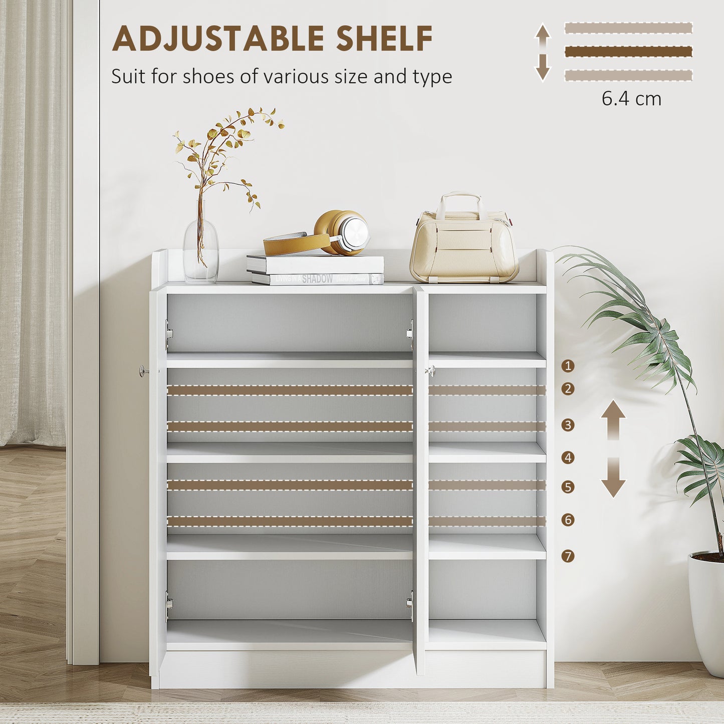 HOMCOM Shoe Storage Cabinet  Two Doors w/ Adjustable 4 Shelves Cupboard Footwear Rack Stand Organiser Hallway White