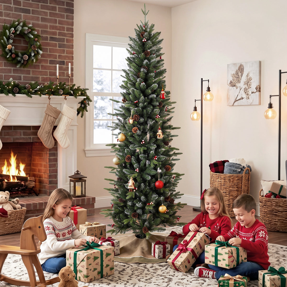 HOMCOM Slim Gracious Pine Xmas Tree, 7ft/210cm Artificial Christmas Tree with 904 Branch Tips, Foldable Steel Stand, Green