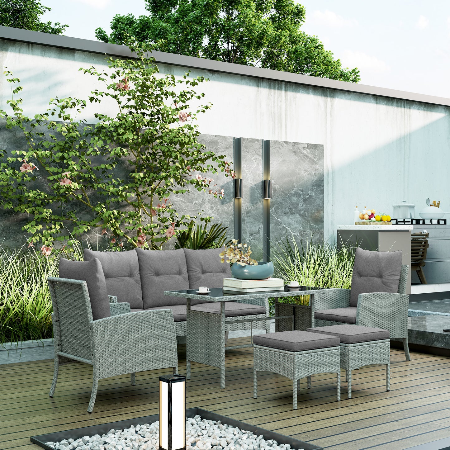 Outsunny 7 Seater Rattan Garden Furniture Set, 6 Piece Patio Dining Set, Armchairs, 3-Seater Sofa, Footstools, Glass Dining Table, Cushions, Wicker Outdoor Furniture for Conservatory Patio, Grey