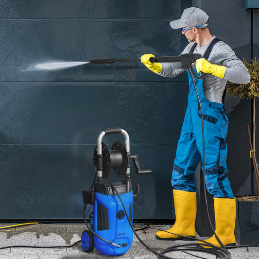 Outsunny 1800W High Pressure Washer, 150 Bar Pressure, 420 L/h Flow, Portable Power Washer Jet Wash Cleaner with Adjustable Nozzle, 6M Hose, Hose Reel, Steel Handle for Home Patio Car Driveway, Blue