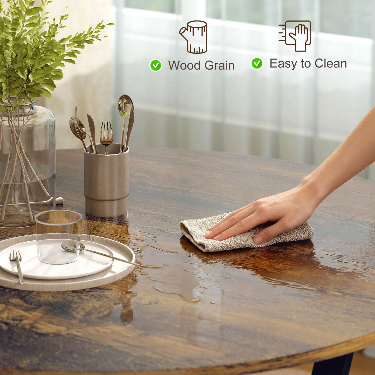 HOMCOM Dining Table, Round Kitchen Table with Black Legs, Anti-slip Foot Pads for Living Room, Dining Room 90 x 76 cm, Rustic Brown