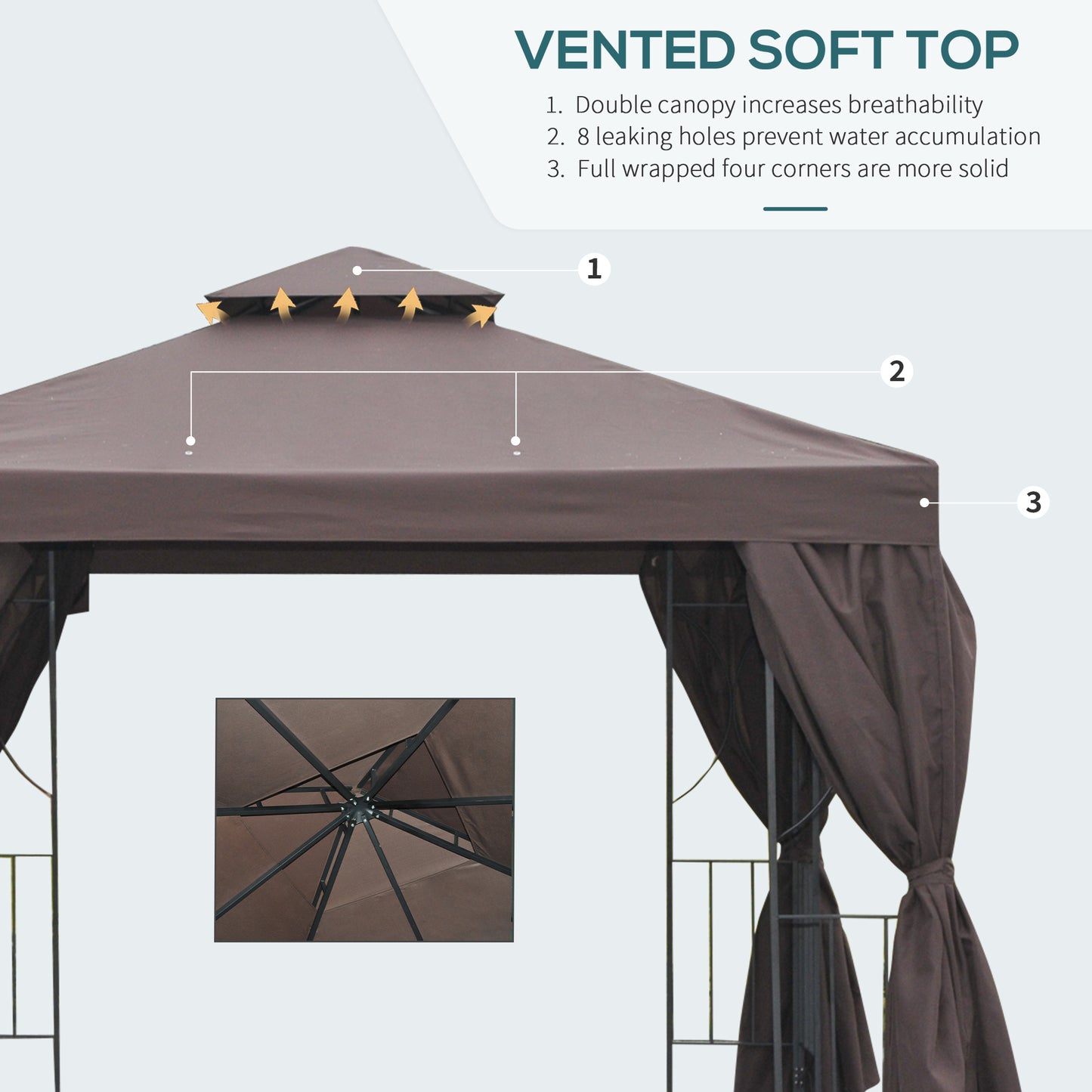 Outsunny 3 x 3 m Garden Gazebo Double Roof Marquee Patio Wedding Party Tent Canopy Shelter with Sidewalls (Brown)