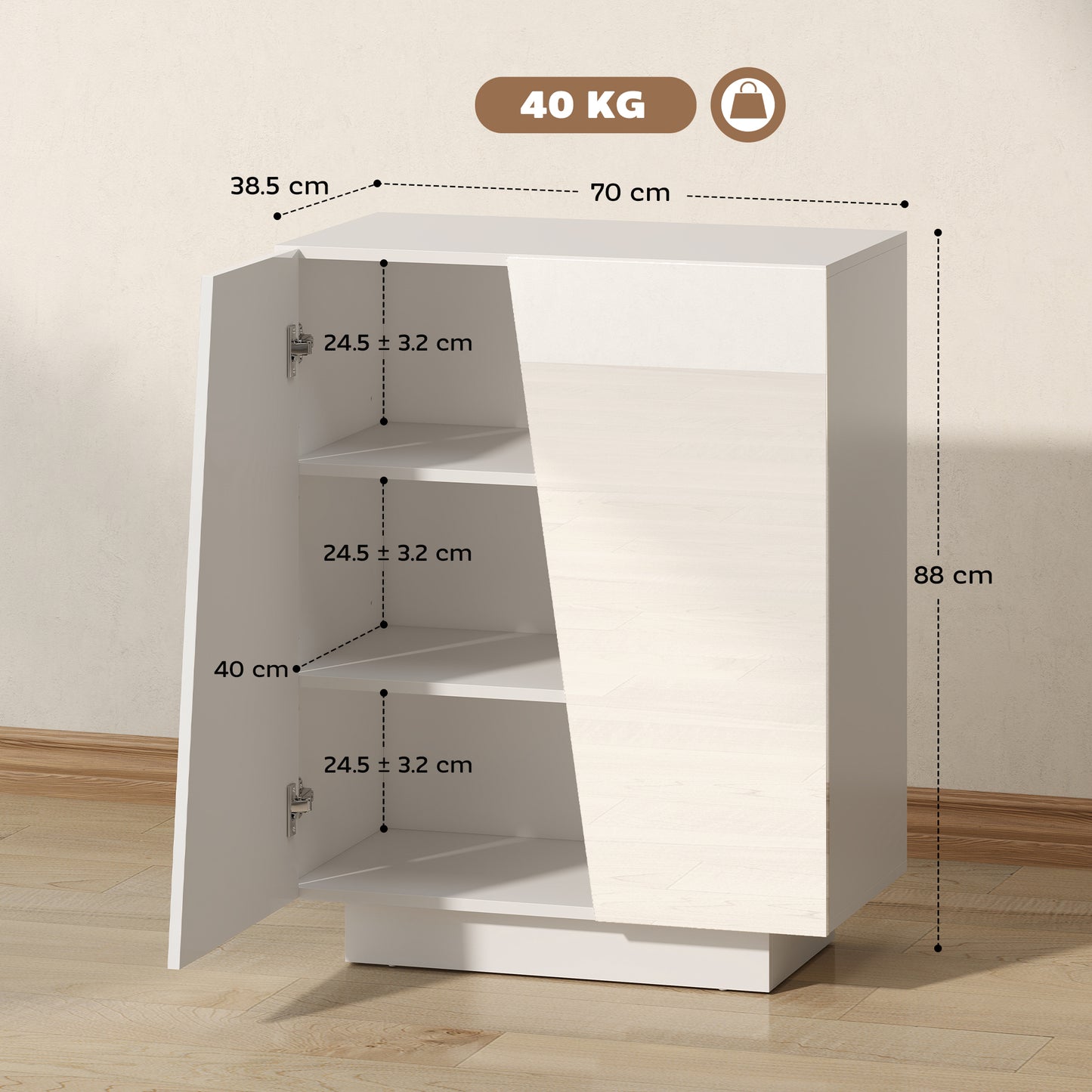 HOMCOM High Gloss Storage Cabinet, Freestanding Storage Cupboard with Adjustable Shelves for Living Room, Bedroom, Hallway, White