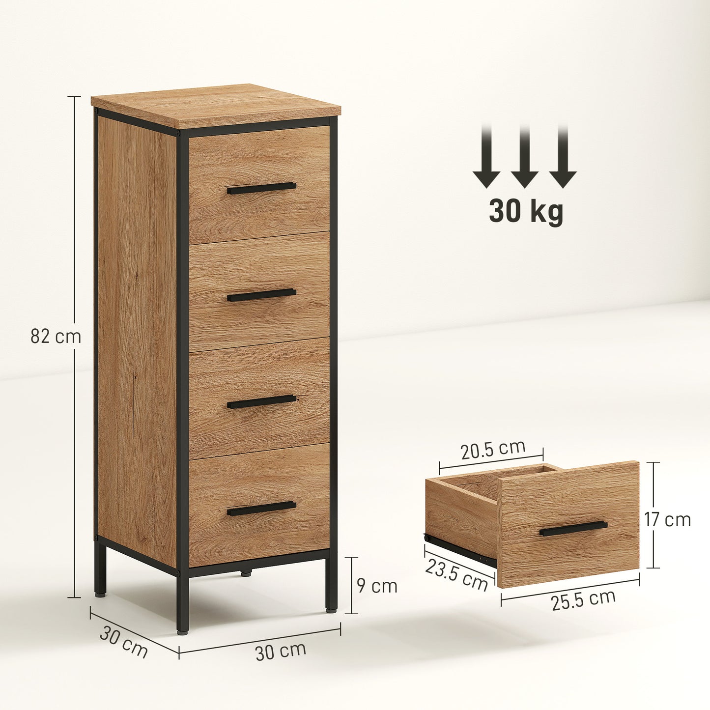 HOMCOM Narrow Bathroom Storage Cabinet with 4 Drawers - Oak