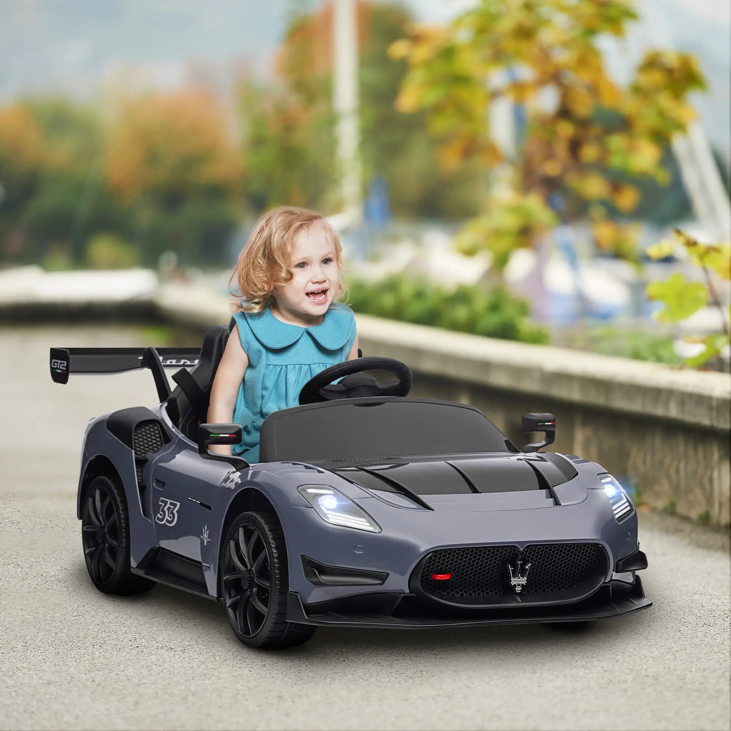 Maserati GT2 Licensed 12V Kids Electric Ride on Car with 4 Suspension Wheels, Remote Control, Music, Horn, Lights, Grey