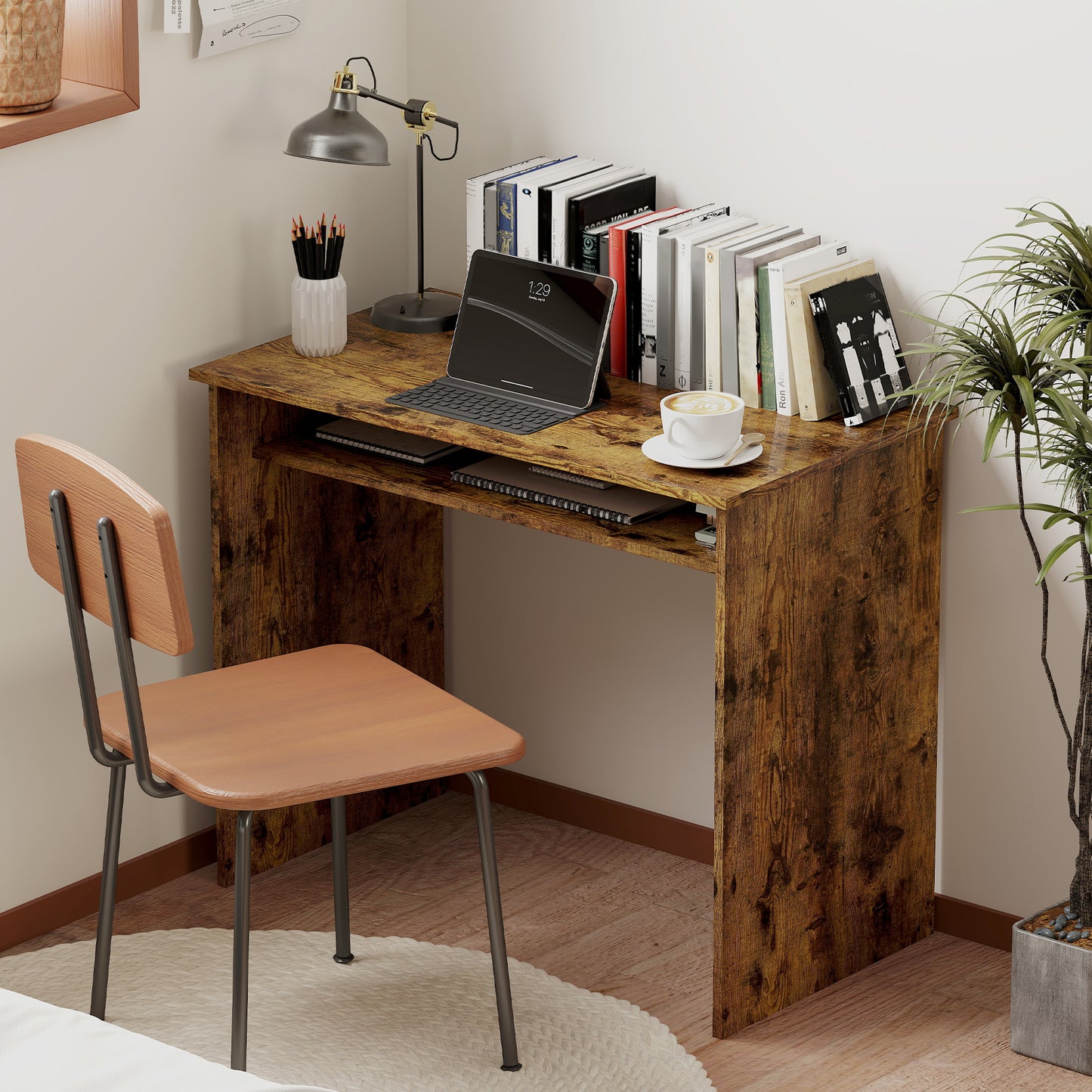 HOMCOM Modern Home Office Furniture Set, Computer Desk with Storage Shelf and Ergonomic Mesh Chair with Flip-Up Armrests, Lumbar Support, Adjustable Height, Rustic Brown and Black