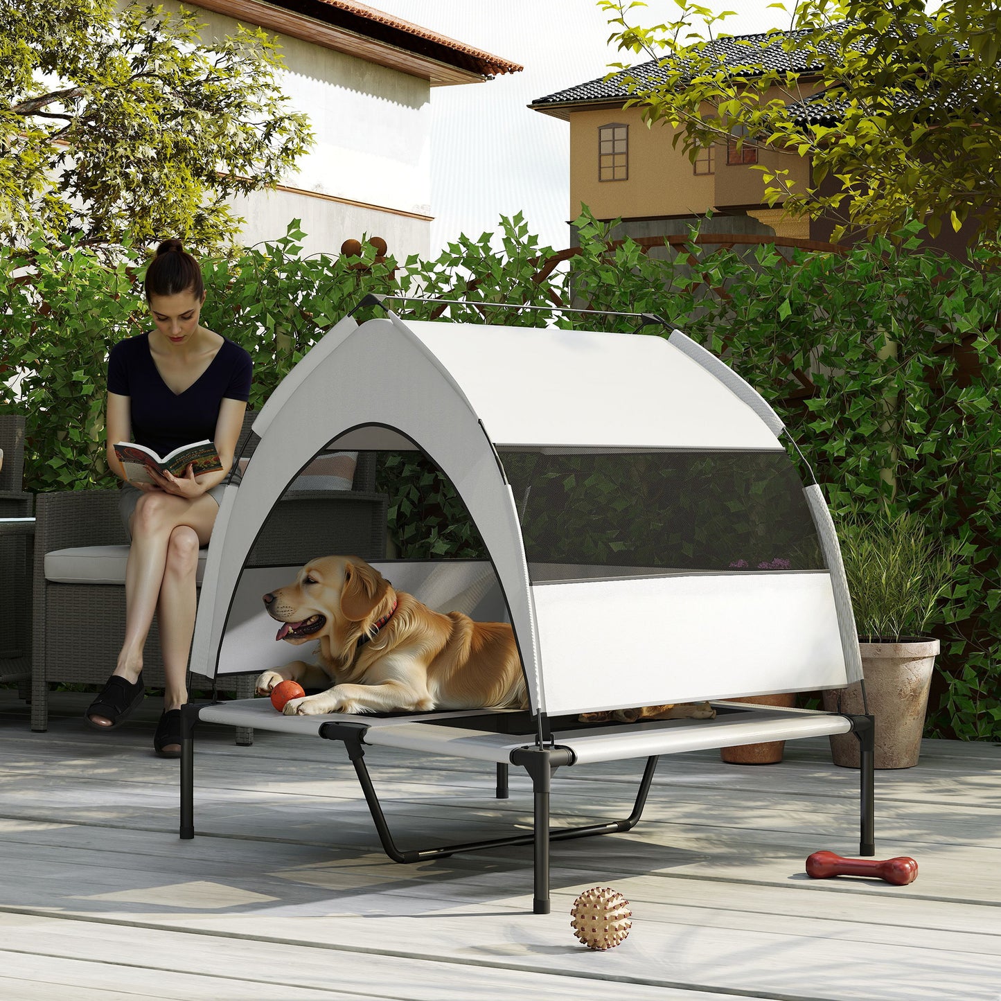 PawHut Portable Elevated Dog Bed with Removable Canopy, Cooling Raised Pet Cot for Medium Large Dogs, 92 x 75 x 89 cm